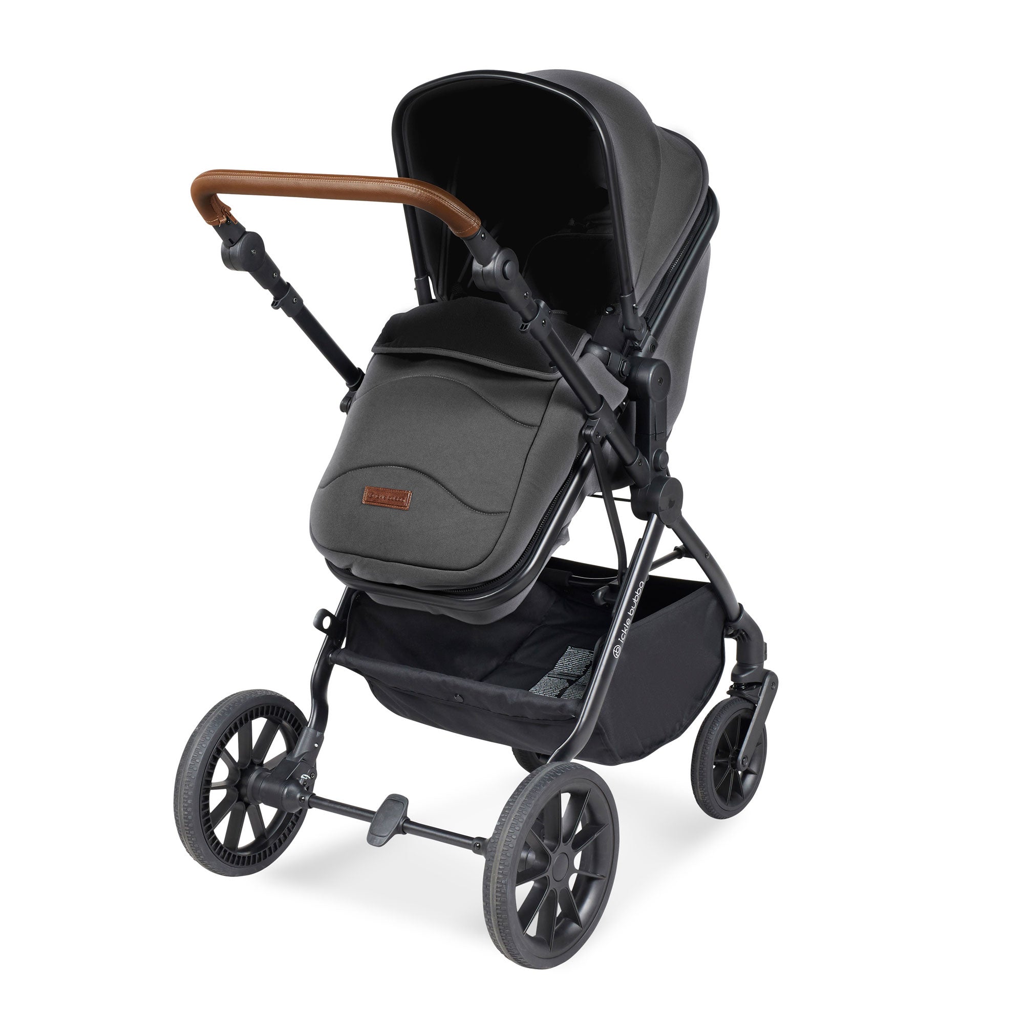 Ickle Bubba Cosmo 9-Piece Travel System with i-Size Nimbus Car Seat & Spin Isofix Base in Black / Graphite Grey / Tan