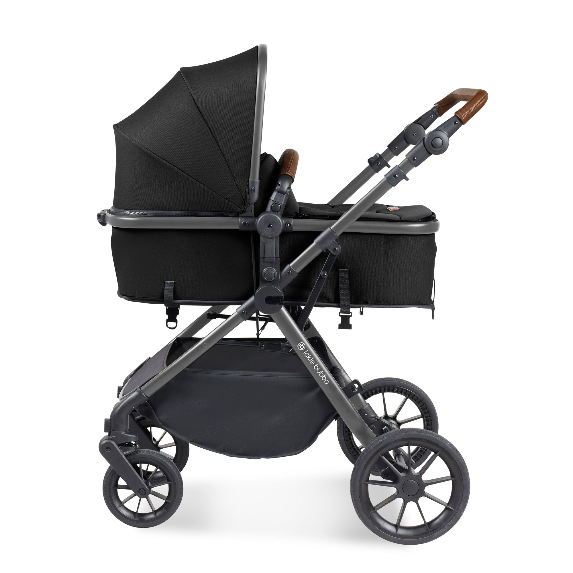 Ickle Bubba Cosmo 9-Piece Travel System with Maxi-Cosi Cabriofix Car Seat & Isofix Base in Gunmetal / Black / Tan
