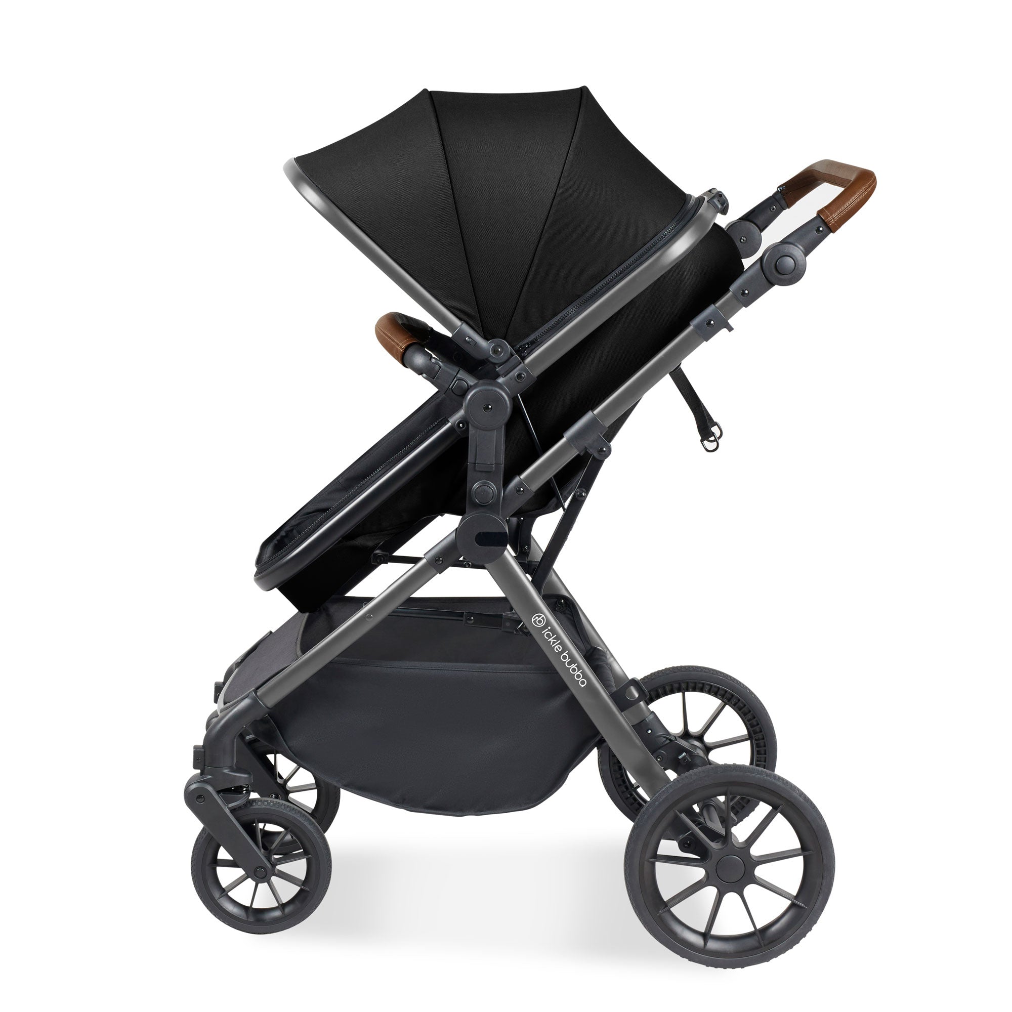 Ickle Bubba Cosmo 9-Piece Travel System with Maxi-Cosi Cabriofix Car Seat & Isofix Base in Gunmetal / Black / Tan