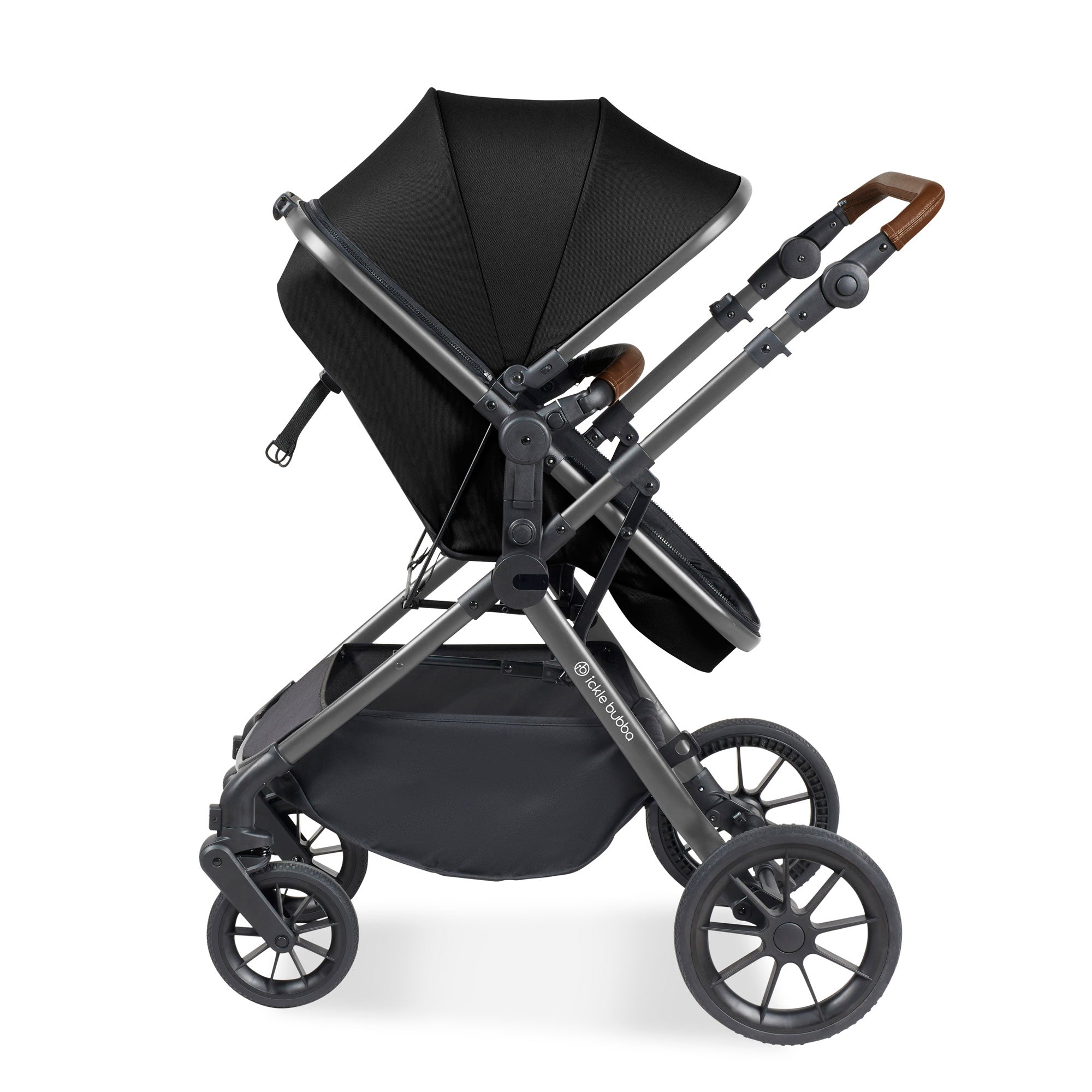 Ickle Bubba Cosmo 9-Piece Travel System with Maxi-Cosi Cabriofix Car Seat & Isofix Base in Gunmetal / Black / Tan