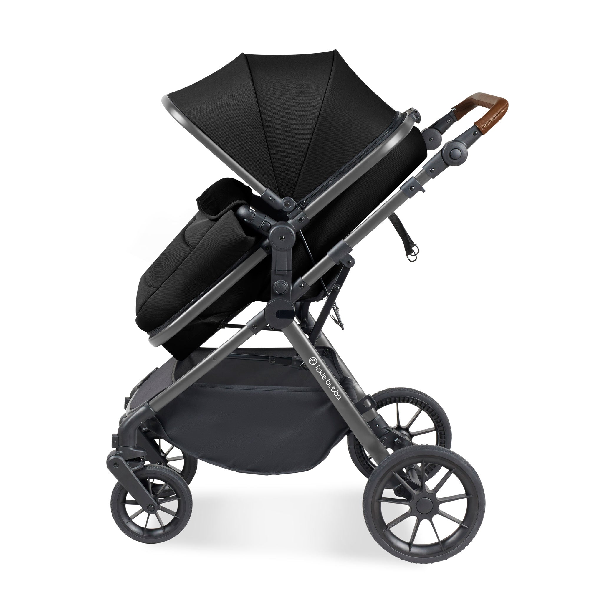 Ickle Bubba Cosmo 9-Piece Travel System with Maxi-Cosi Cabriofix Car Seat & Isofix Base in Gunmetal / Black / Tan