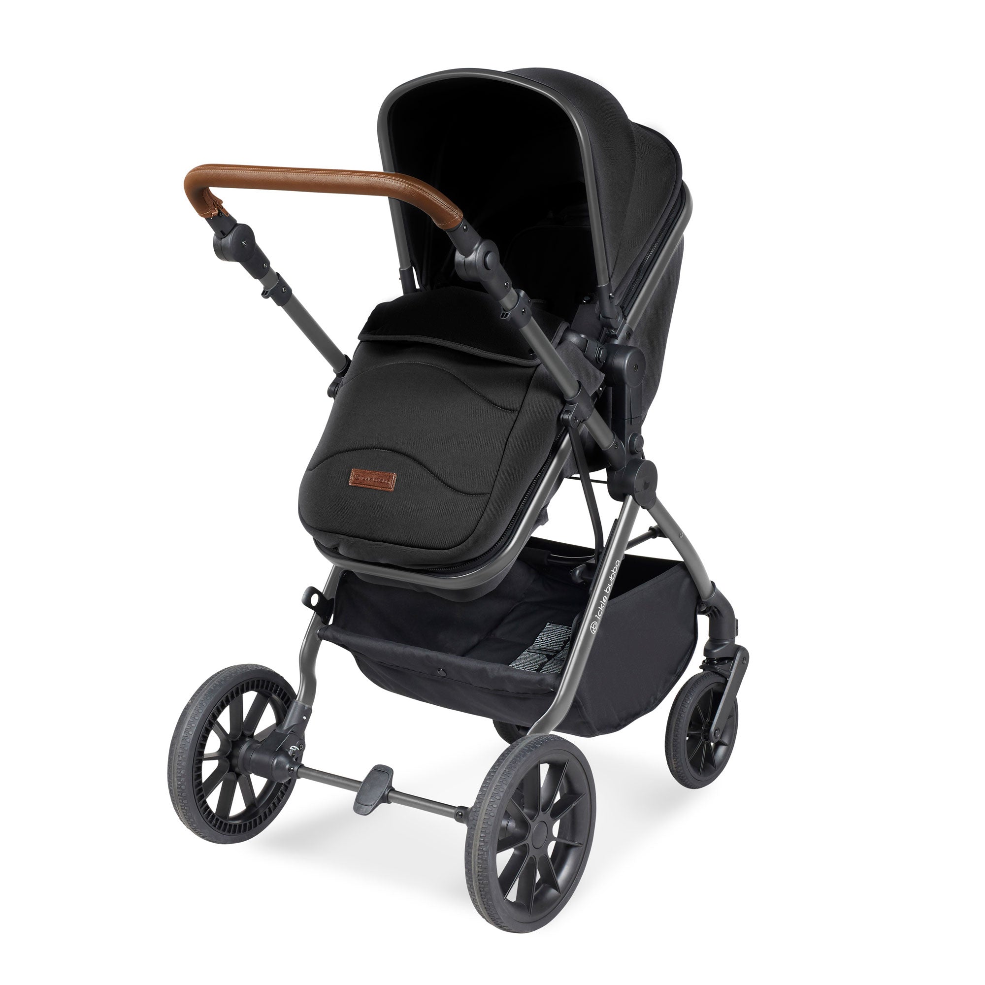 Ickle Bubba Cosmo 9-Piece Travel System with i-Size Nimbus Car Seat & Spin Isofix Base in Gunmetal / Black / Tan