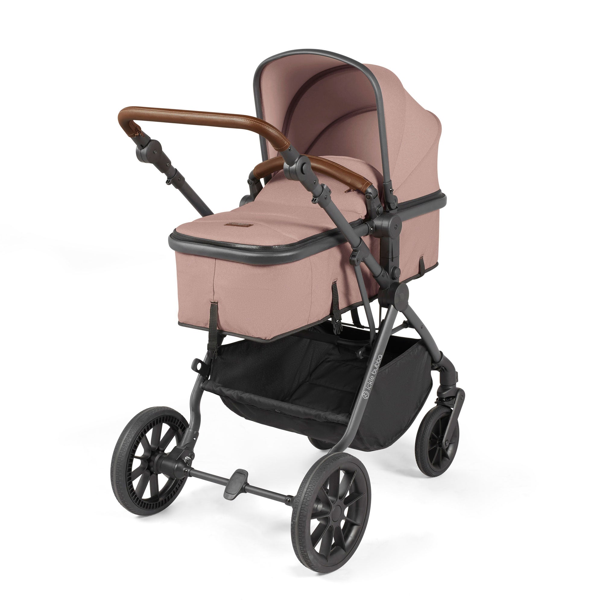 Ickle Bubba Cosmo 9-Piece Travel System with Maxi-Cosi Cabriofix Car Seat & Isofix Base in Gunmetal / Desert / Tan