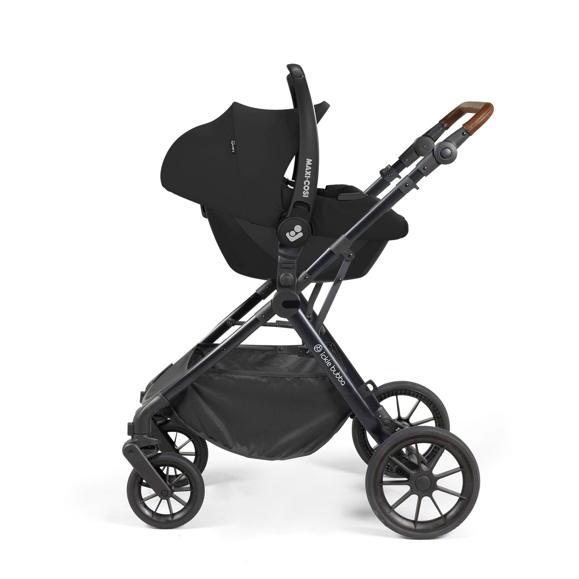 Ickle Bubba Cosmo 9-Piece Travel System with Maxi-Cosi Cabriofix Car Seat & Isofix Base in Gunmetal / Black / Tan