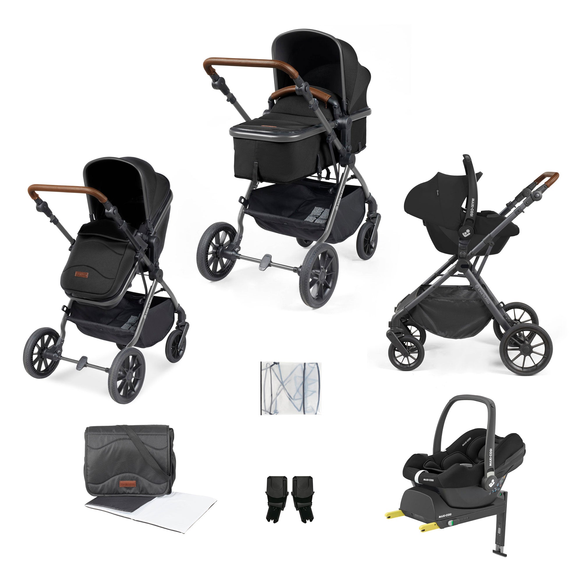 Ickle Bubba Cosmo 9-Piece Travel System with Maxi-Cosi Cabriofix Car Seat & Isofix Base in Gunmetal / Black / Tan