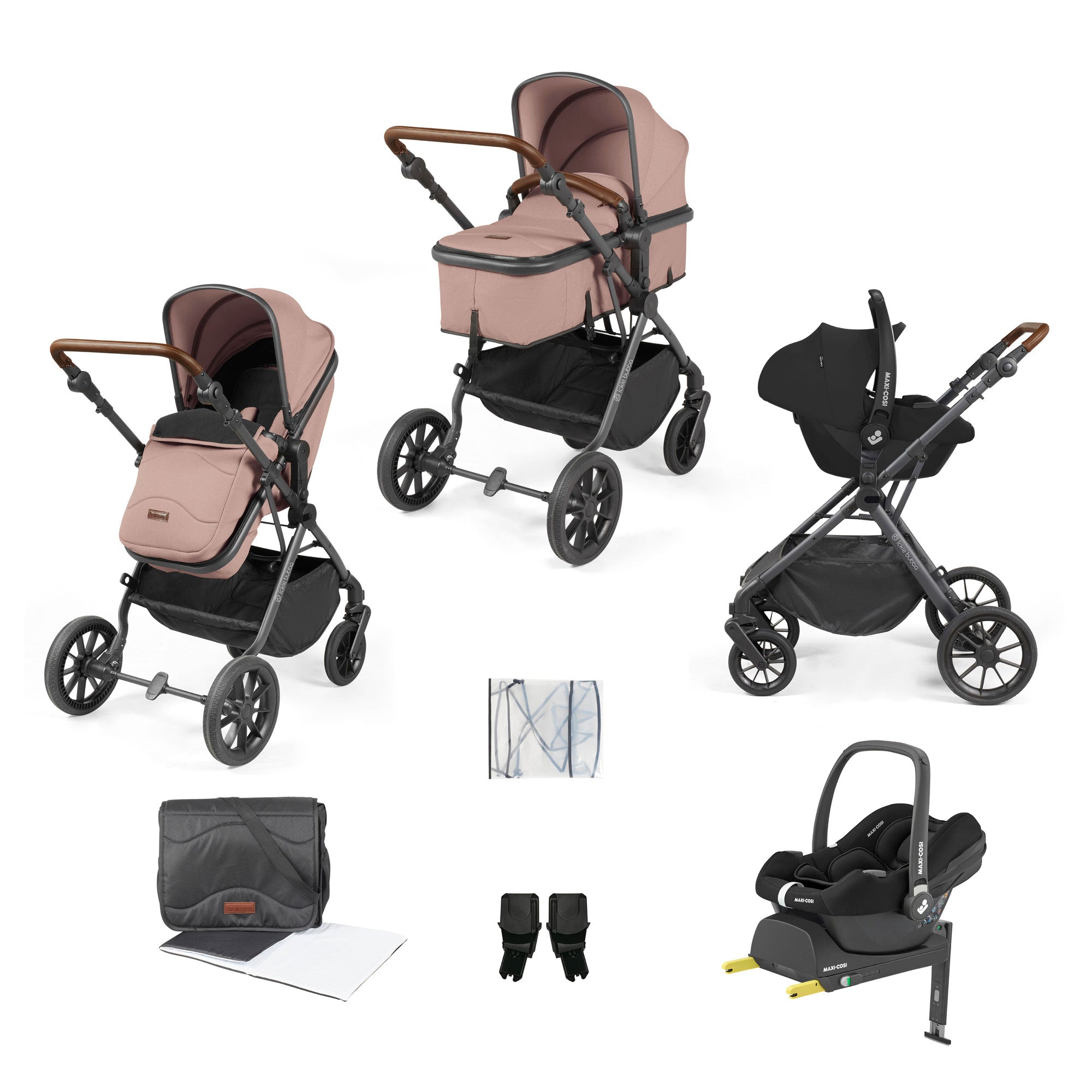 Ickle Bubba Cosmo 9-Piece Travel System with Maxi-Cosi Cabriofix Car Seat & Isofix Base in Gunmetal / Desert / Tan
