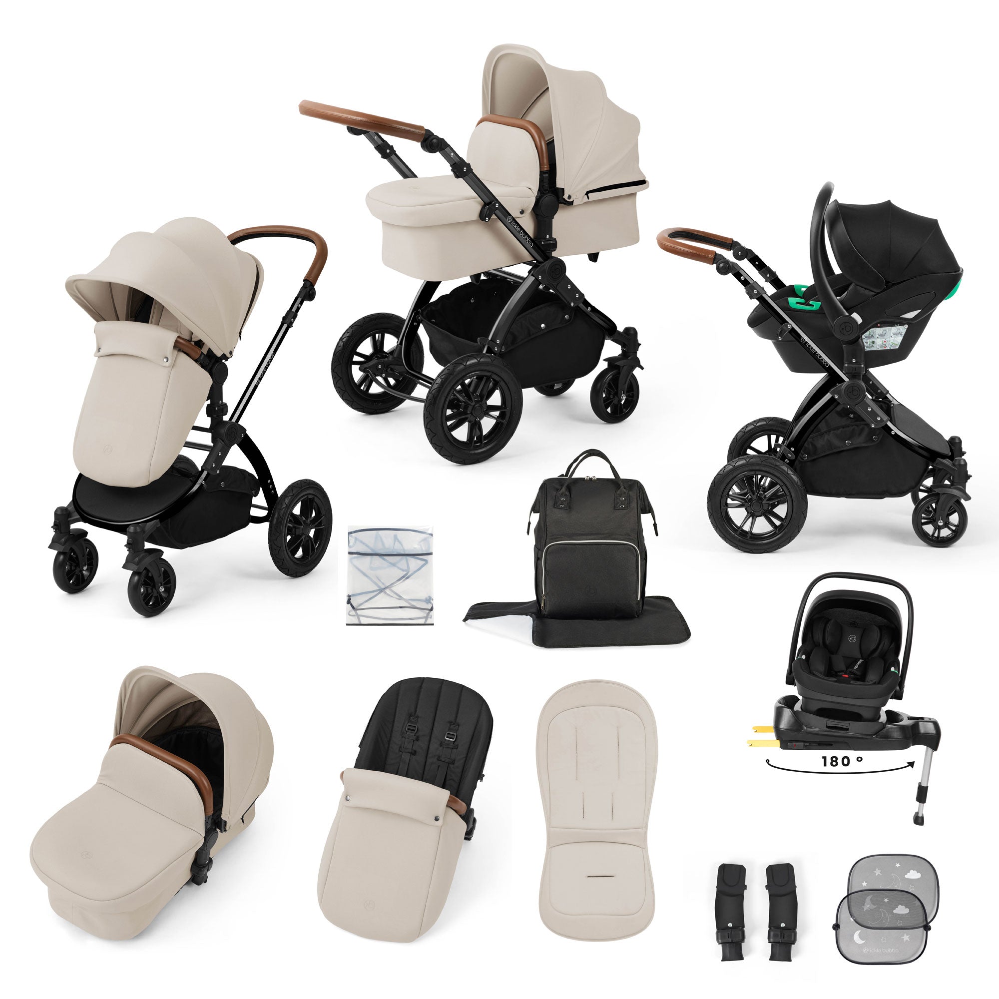 Ickle Bubba Stomp Luxe 12 Piece Travel System with i-Size Nimbus Car Seat & Spin Isofix Base in Stone