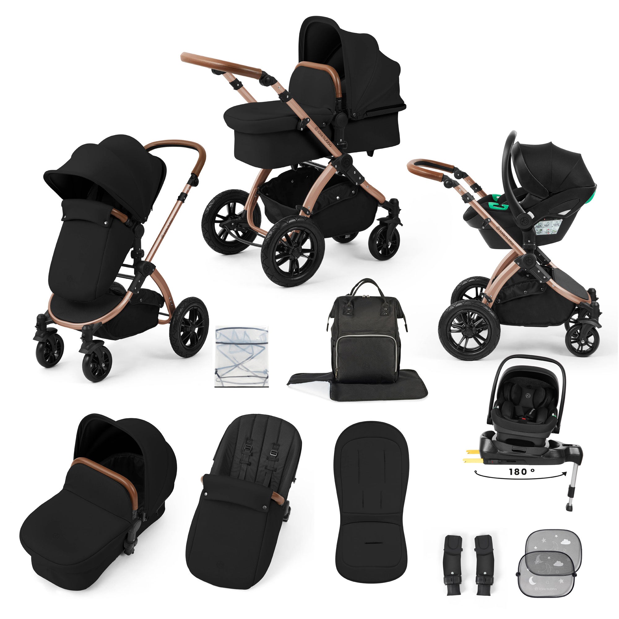 Ickle Bubba Stomp Luxe 12 Piece Travel System with i-Size Nimbus Car Seat & Spin Isofix Base in Midnight
