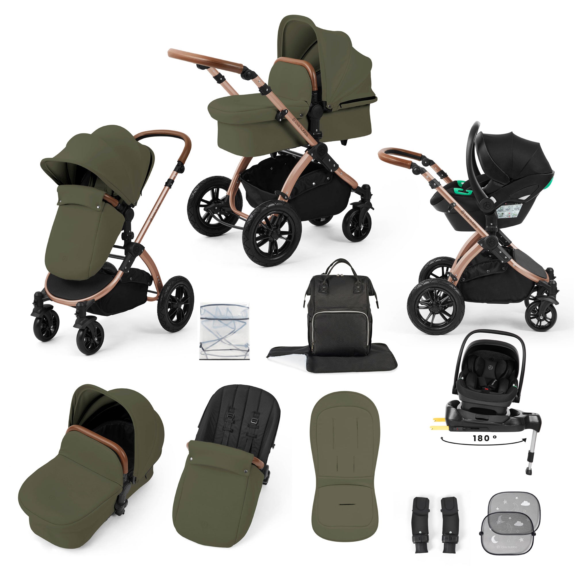Ickle Bubba Stomp Luxe 12 Piece Travel System with i-Size Nimbus Car Seat & Spin Isofix Base in Woodland