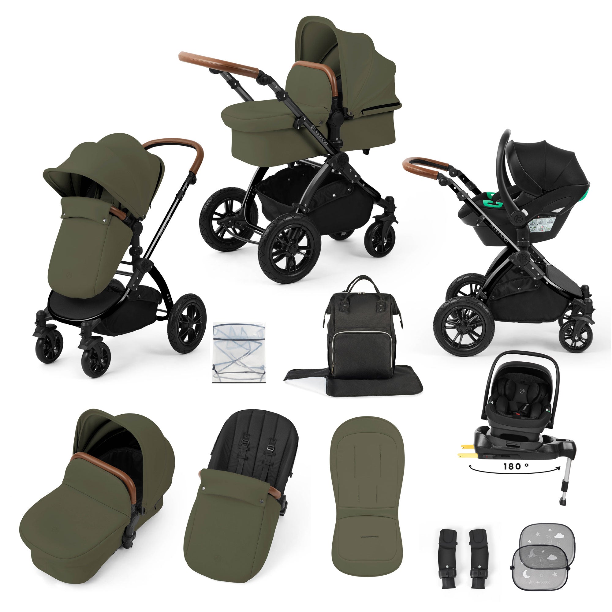 Ickle Bubba Stomp Luxe 12 Piece Travel System with i-Size Nimbus Car Seat & Spin Isofix Base in Woodland