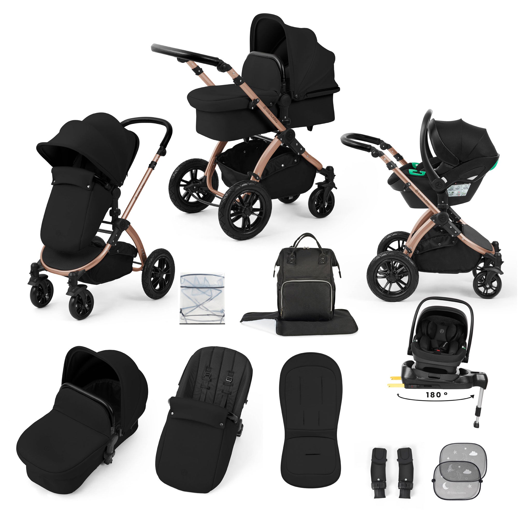 Ickle Bubba Stomp Luxe 12 Piece Travel System with i-Size Nimbus Car Seat & Spin Isofix Base in Midnight