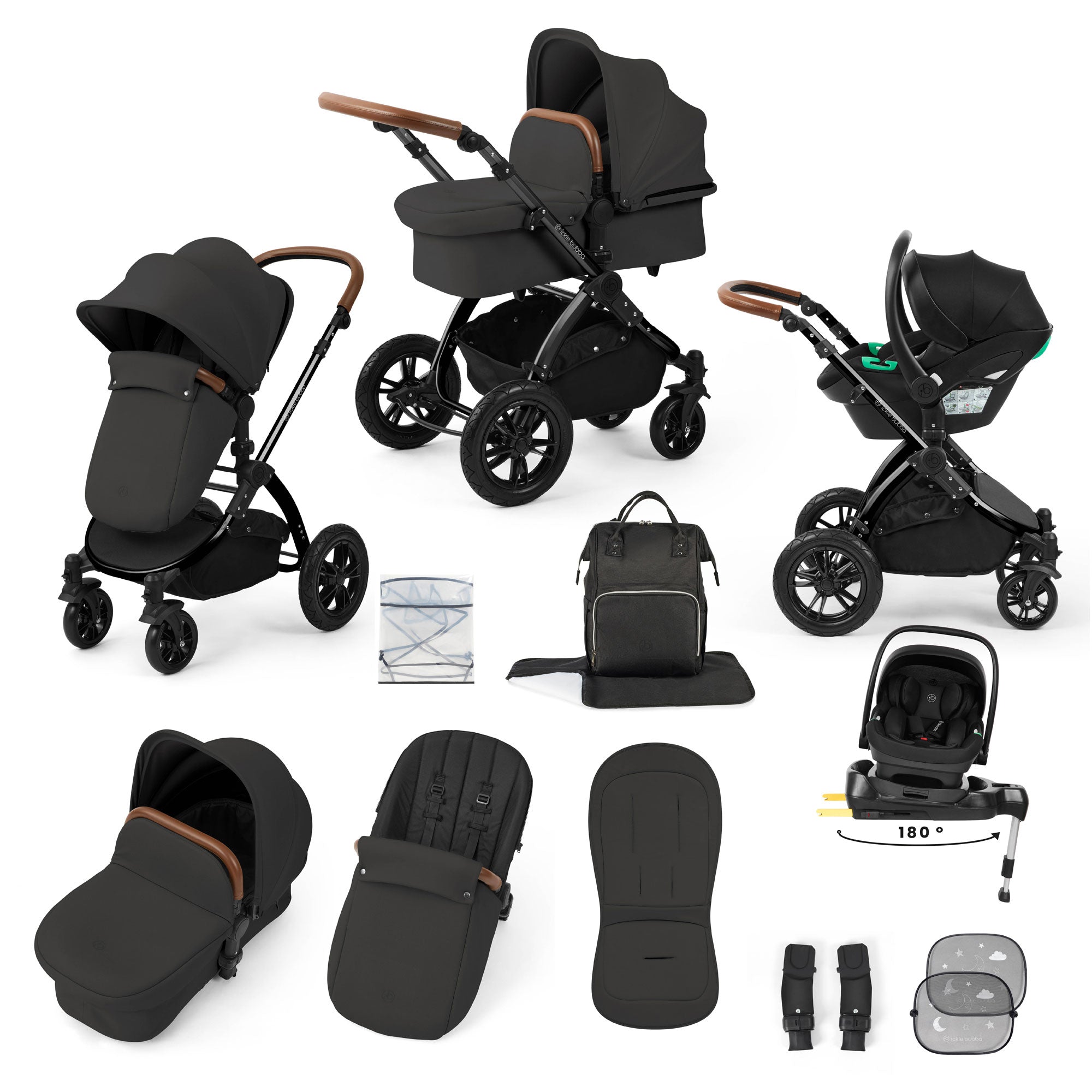 Ickle Bubba Stomp Luxe 12 Piece Travel System with i-Size Nimbus Car Seat & Spin Isofix Base in Charcoal Grey