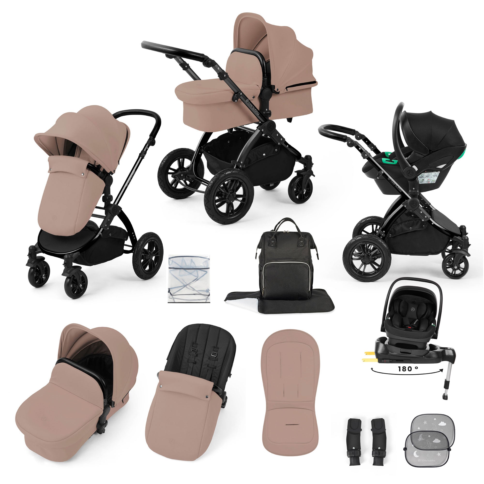 Ickle Bubba Stomp Luxe 12 Piece Travel System with i-Size Nimbus Car Seat & Spin Isofix Base in Desert