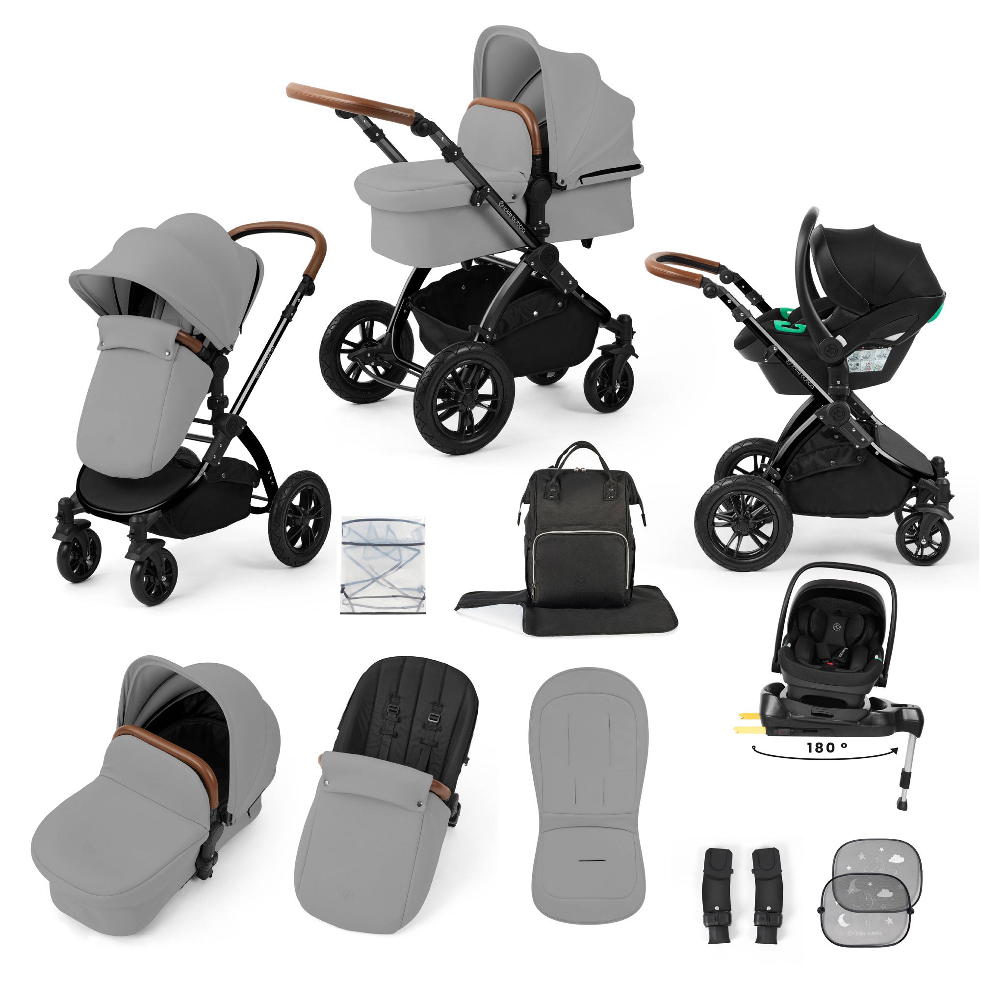 Ickle Bubba Stomp Luxe 12 Piece Travel System with i-Size Nimbus Car Seat & Spin Isofix Base in Pearl Grey