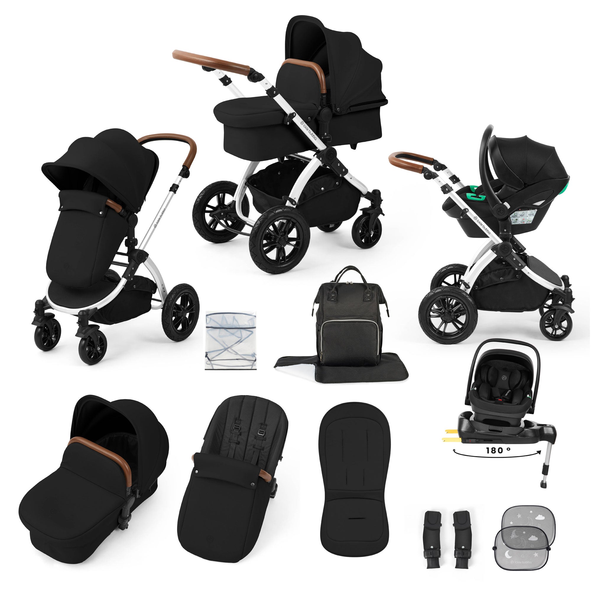 Ickle Bubba Stomp Luxe 12 Piece Travel System with i-Size Nimbus Car Seat & Spin Isofix Base in Midnight