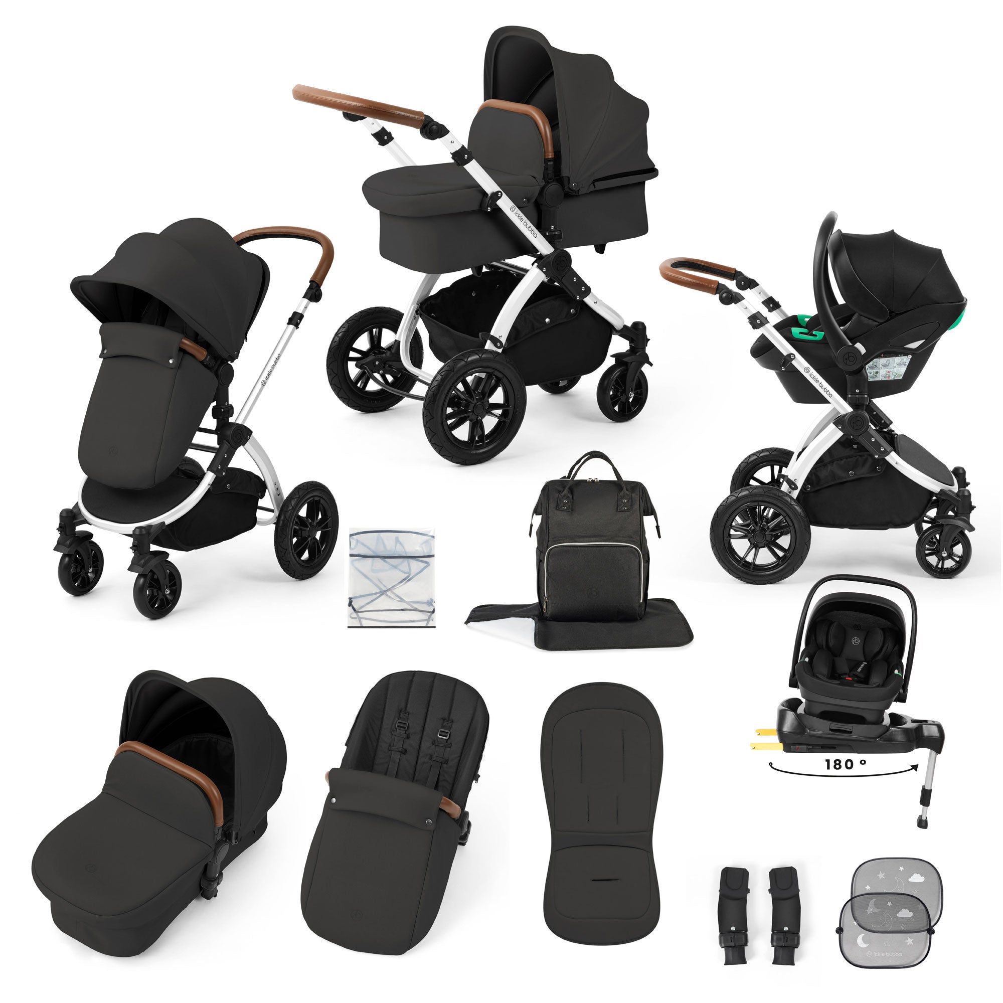 Ickle Bubba Stomp Luxe 12 Piece Travel System with i-Size Nimbus Car Seat & Spin Isofix Base in Charcoal Grey