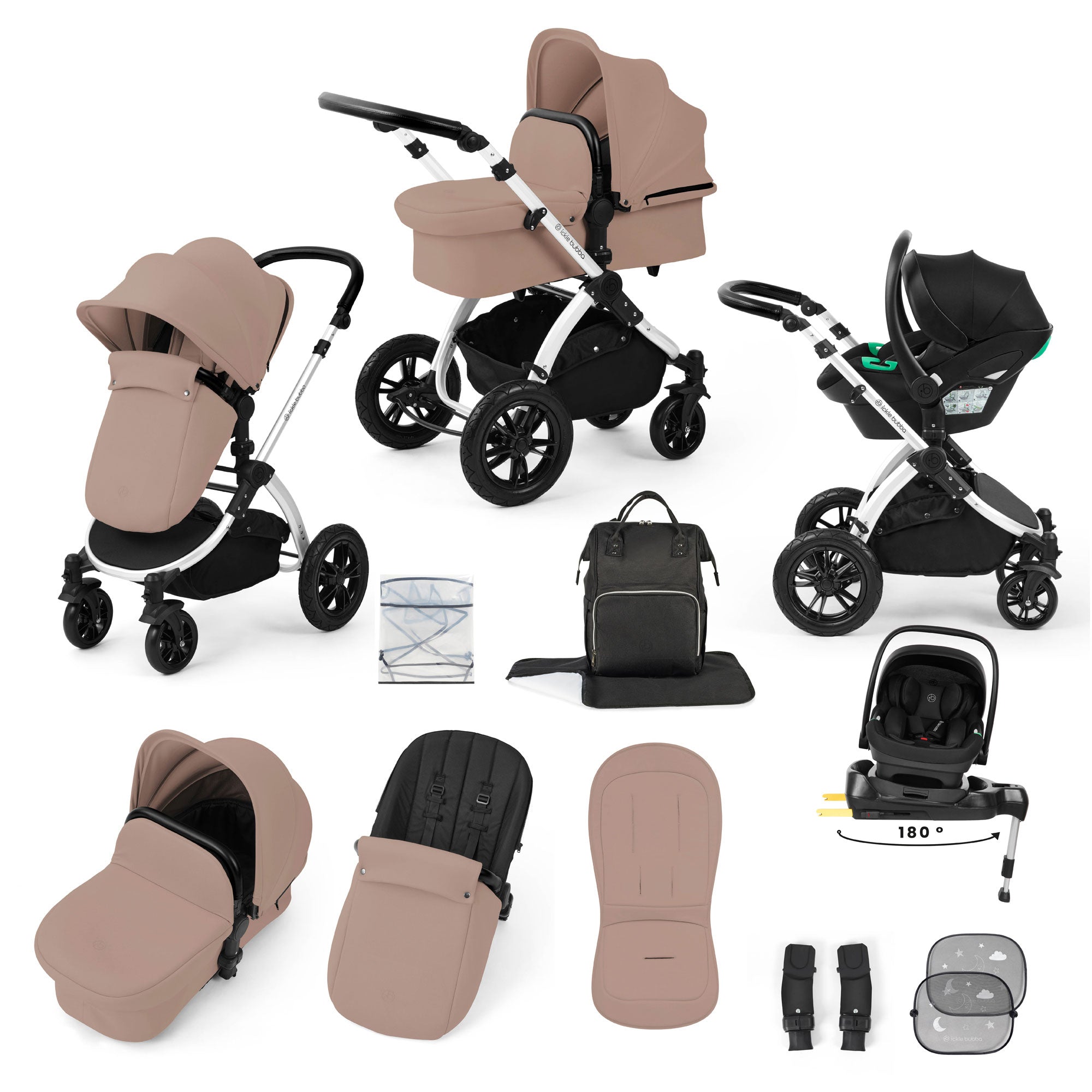 Ickle Bubba Stomp Luxe 12 Piece Travel System with i-Size Nimbus Car Seat & Spin Isofix Base in Desert