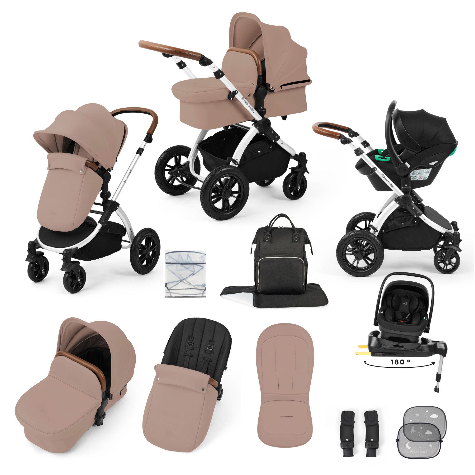 Ickle Bubba Stomp Luxe 12 Piece Travel System with i-Size Nimbus Car Seat & Spin Isofix Base in Desert