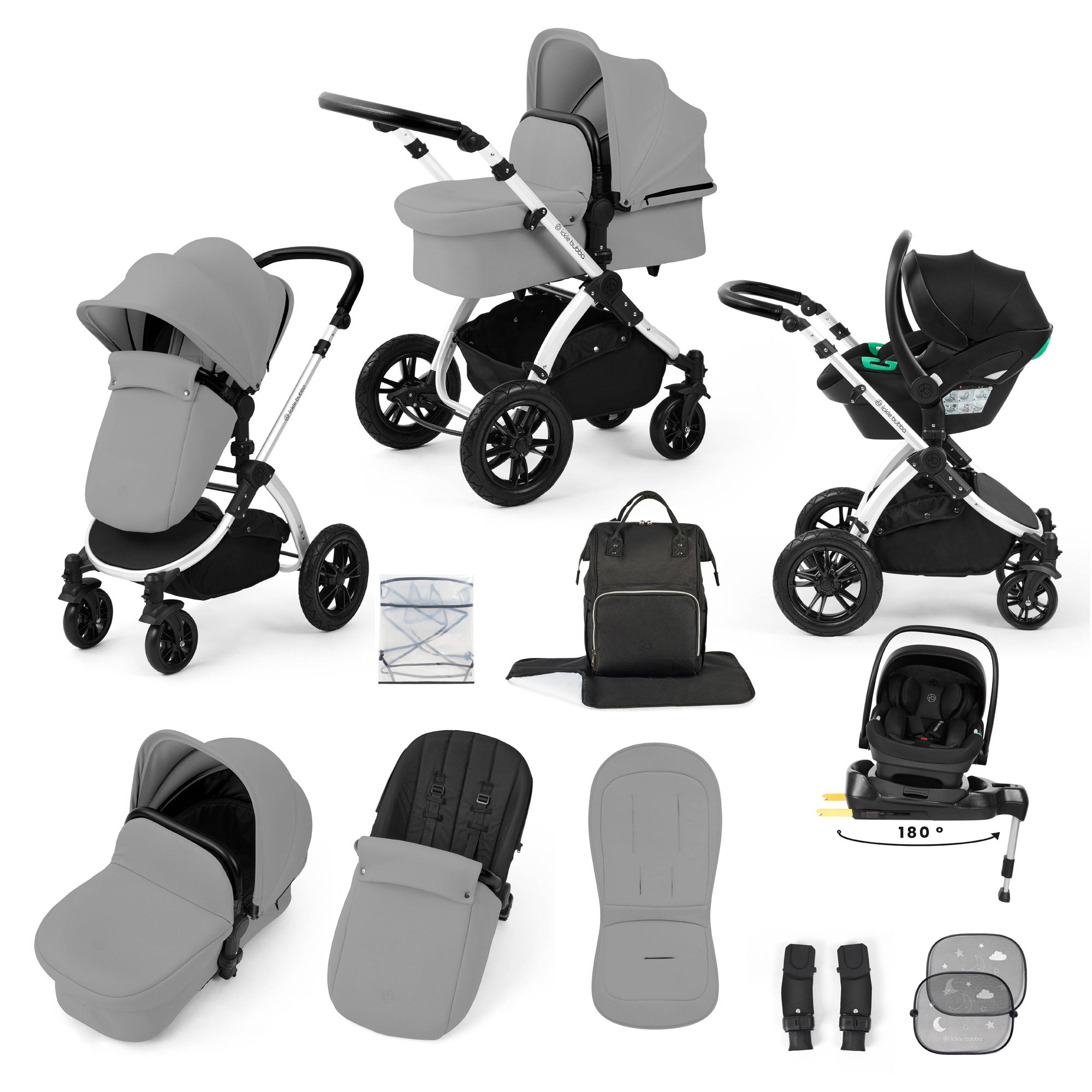 Ickle Bubba Stomp Luxe 12 Piece Travel System with i-Size Nimbus Car Seat & Spin Isofix Base in Pearl Grey