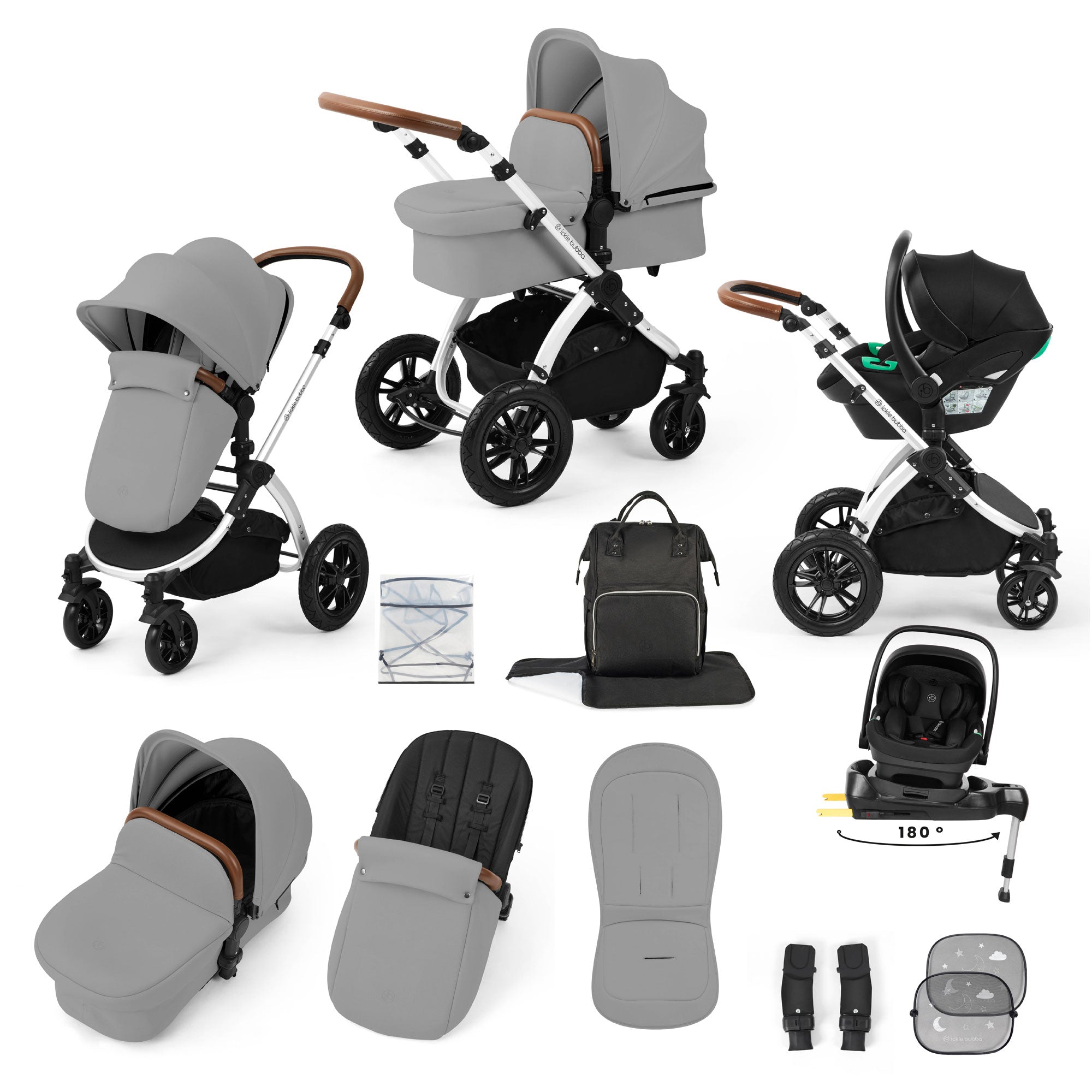Ickle Bubba Stomp Luxe 12 Piece Travel System with i-Size Nimbus Car Seat & Spin Isofix Base in Pearl Grey