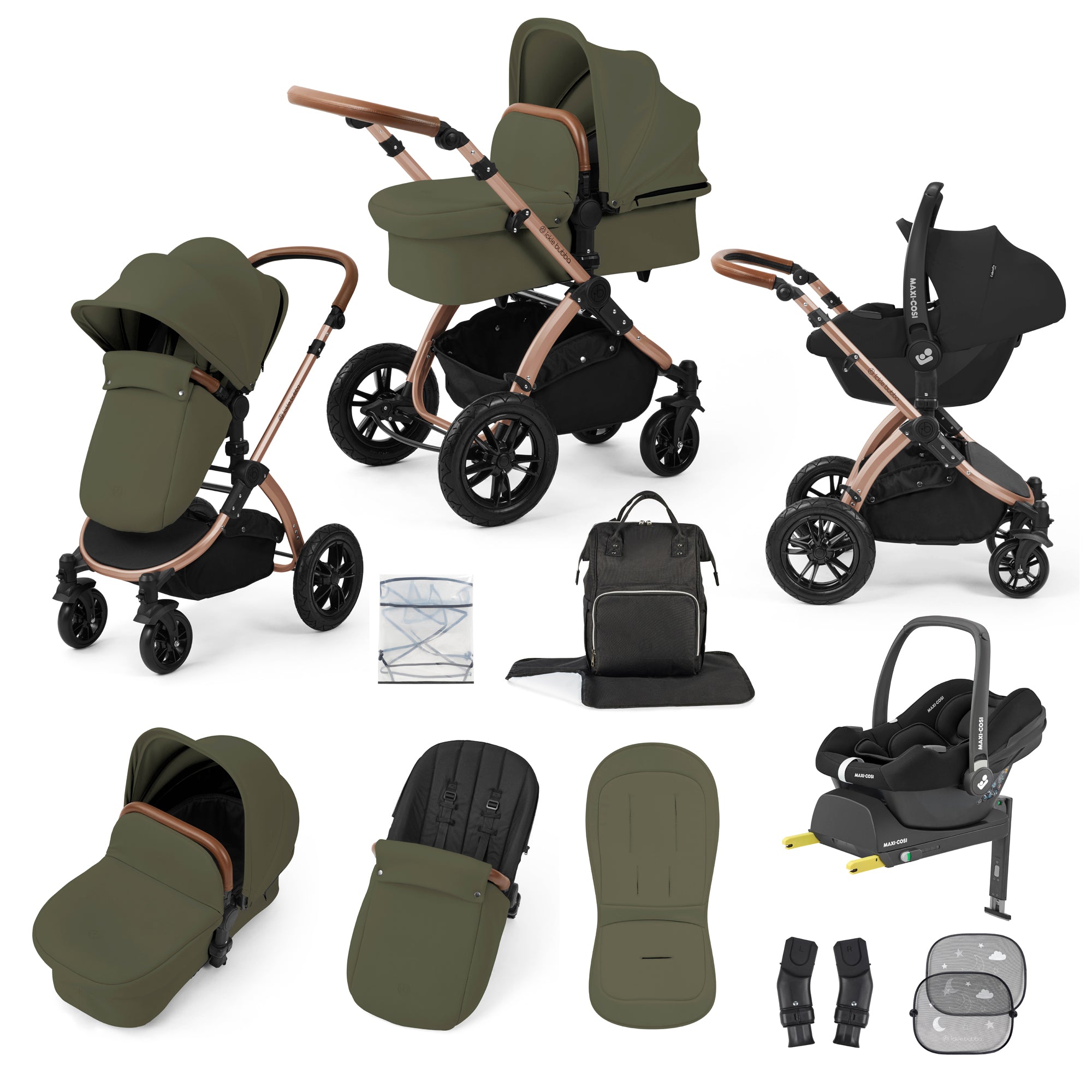 Ickle Bubba Stomp Luxe 12 Piece Travel System with Maxi-Cosi Cabriofix i-Size Car Seat & Isofix Base in Woodland