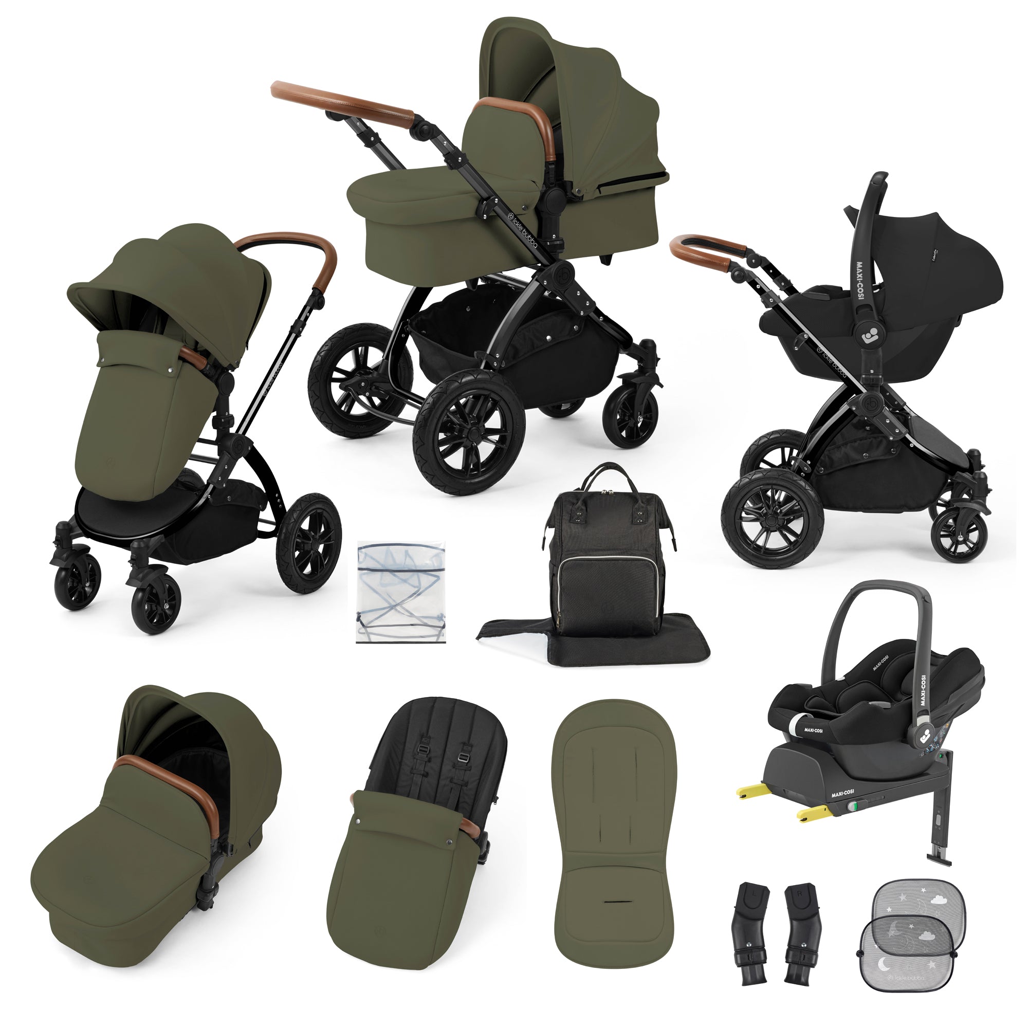 Ickle Bubba Stomp Luxe 12 Piece Travel System with Maxi-Cosi Cabriofix i-Size Car Seat & Isofix Base in Woodland