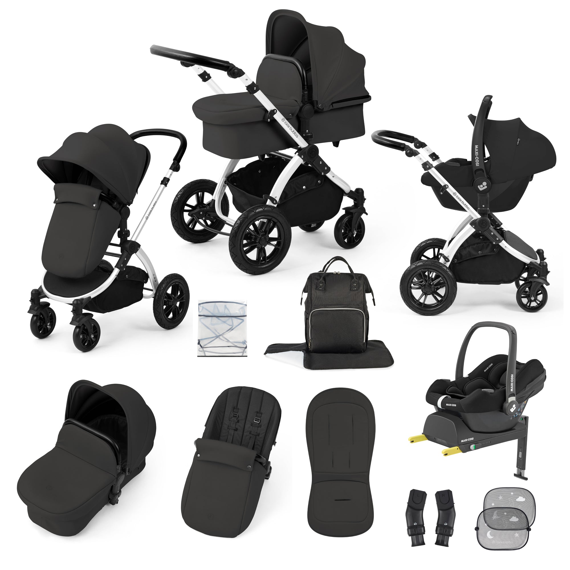 Ickle Bubba Stomp Luxe 12 Piece Travel System with Maxi-Cosi Cabriofix i-Size Car Seat & Isofix Base in Charcoal Grey