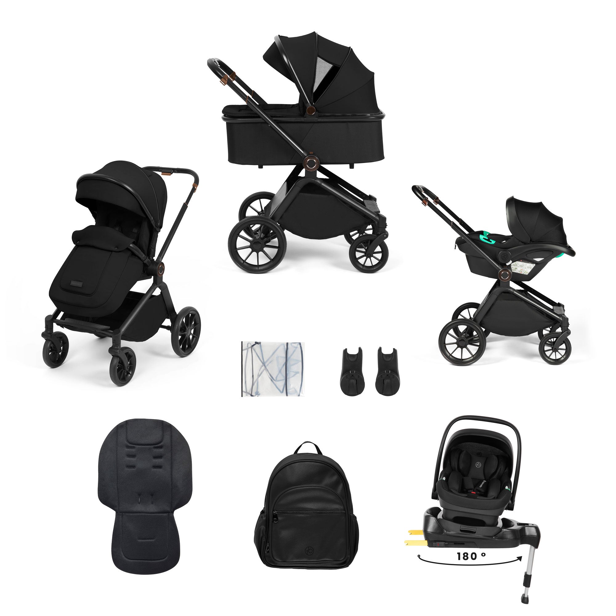 Ickle Bubba Altima 12 Piece Travel System with i-Size Nimbus Car Seat & Spin Isofix Base in Black