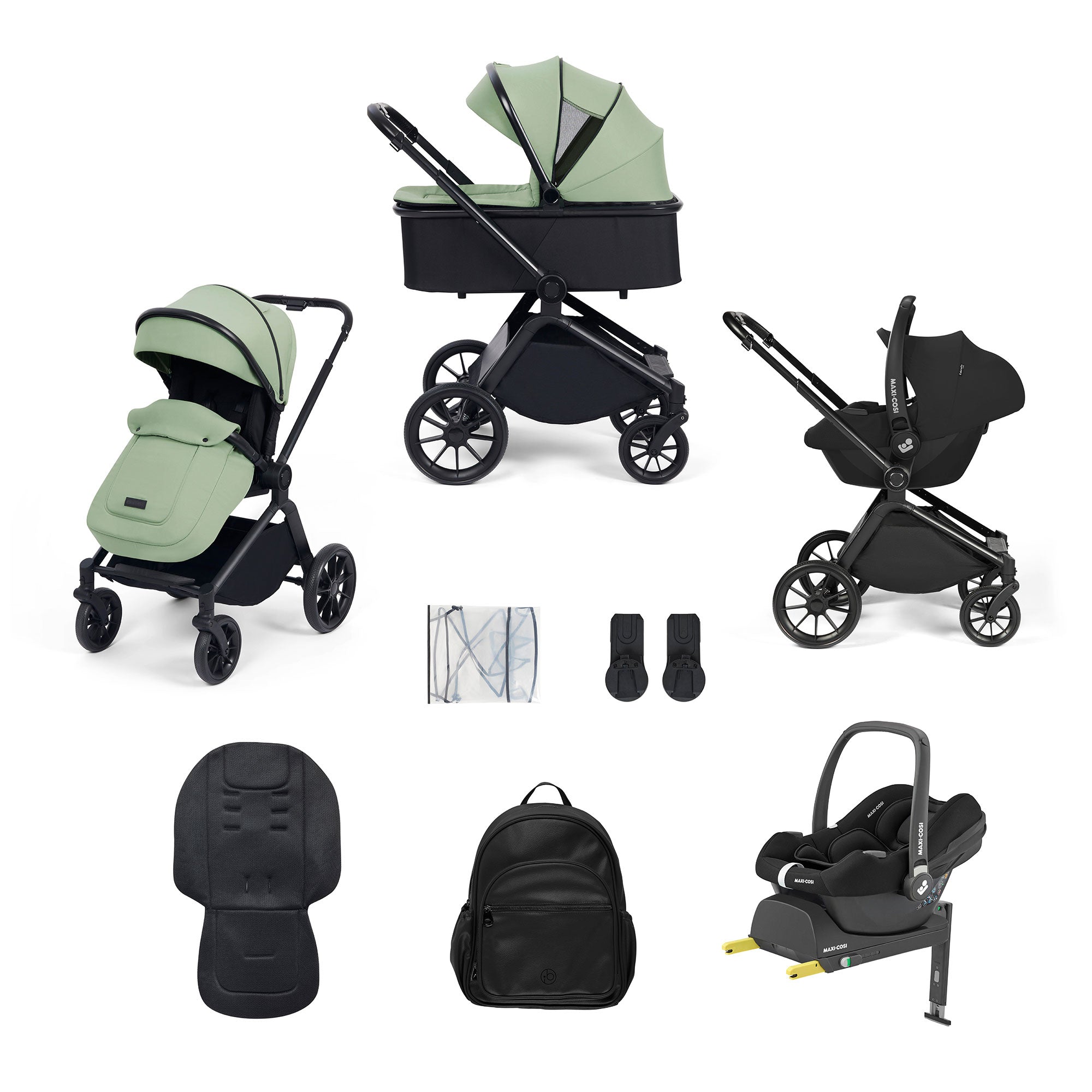 Ickle Bubba Altima 12 Piece Travel System with Maxi-Cosi Cabriofix i-Size Car Seat & Isofix Base in Sage Green