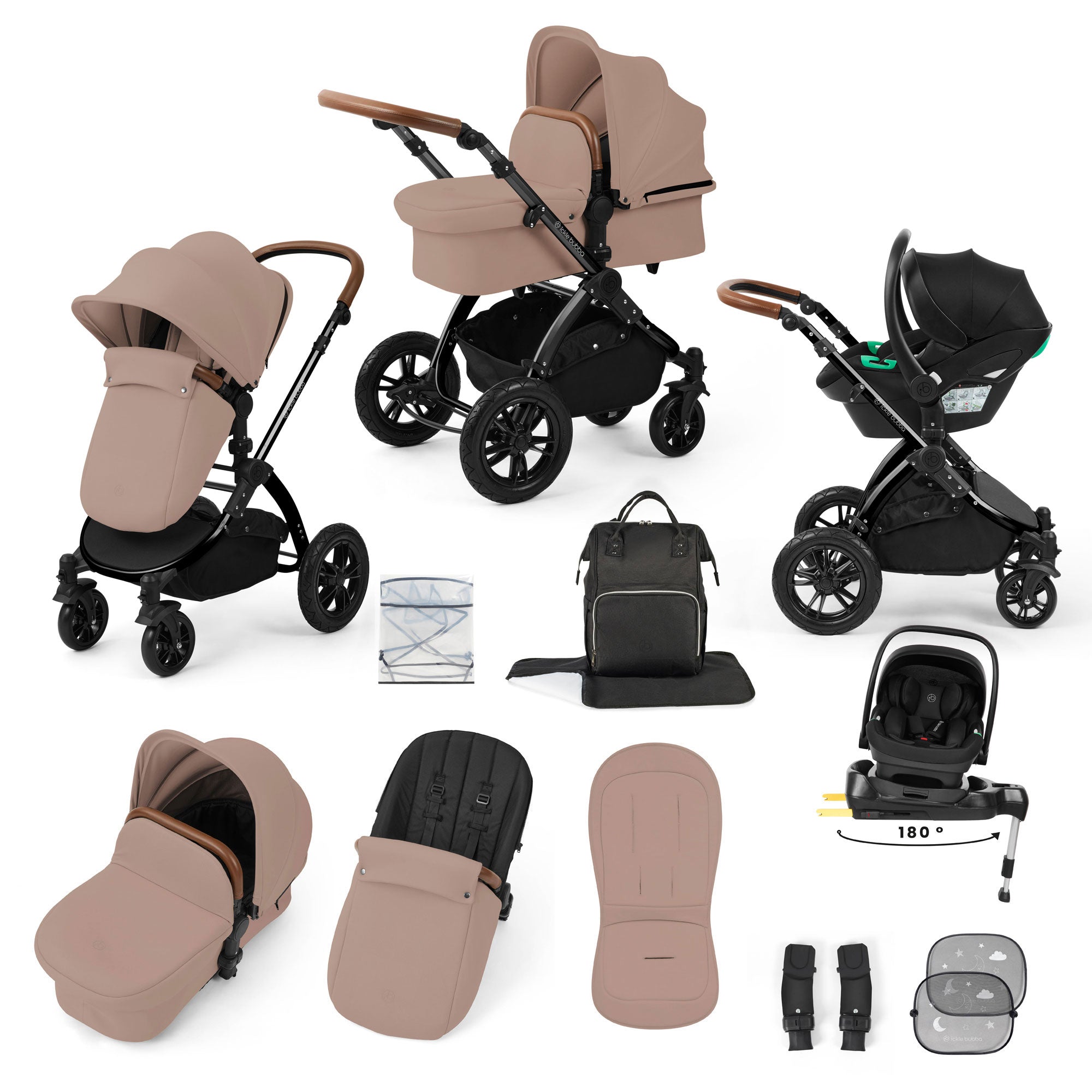 Ickle Bubba Stomp Luxe 12 Piece Travel System with i-Size Nimbus Car Seat & Spin Isofix Base in Desert