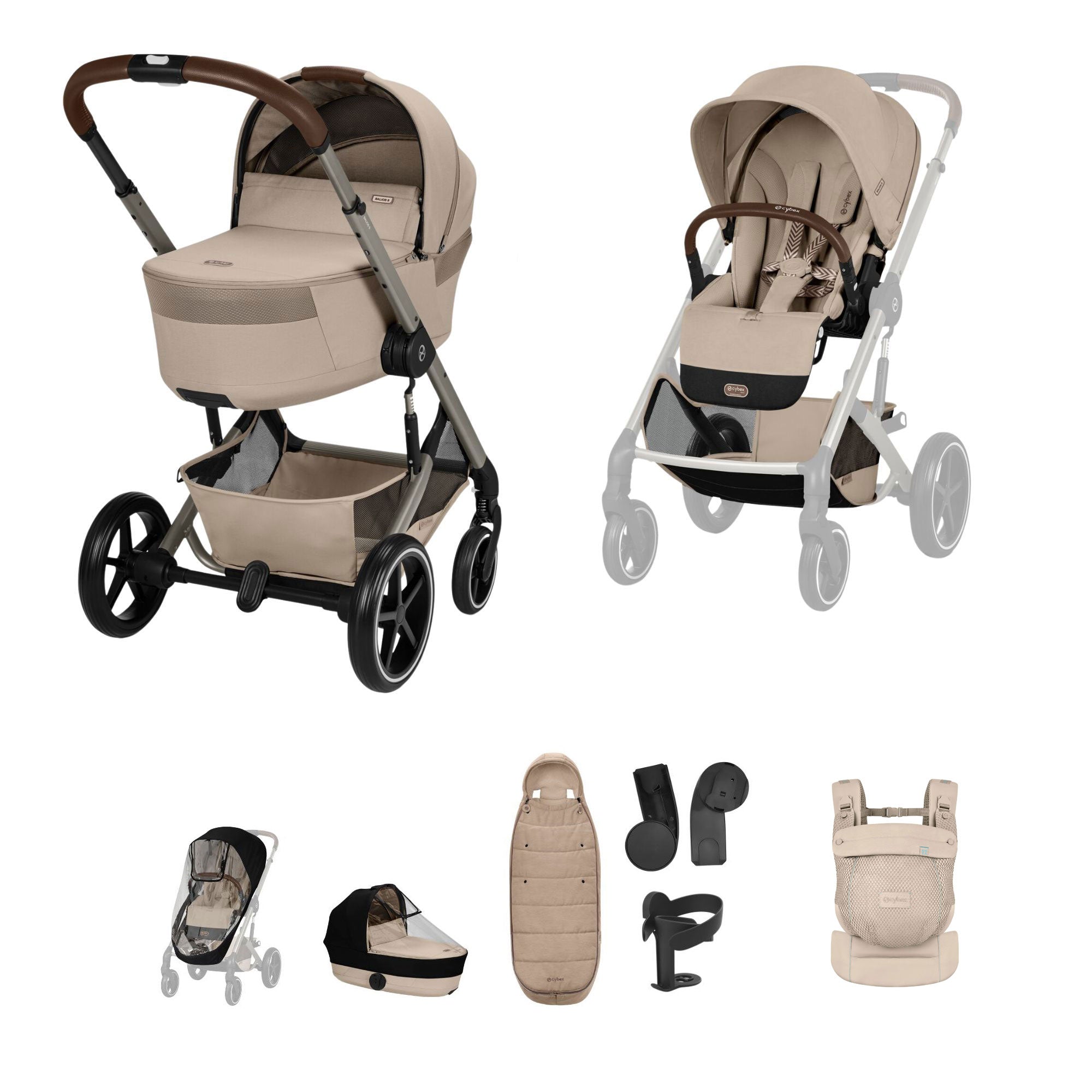 Cybex Balios S Lux Foldable Carrycot Accessory Bundle in Almond Beige
