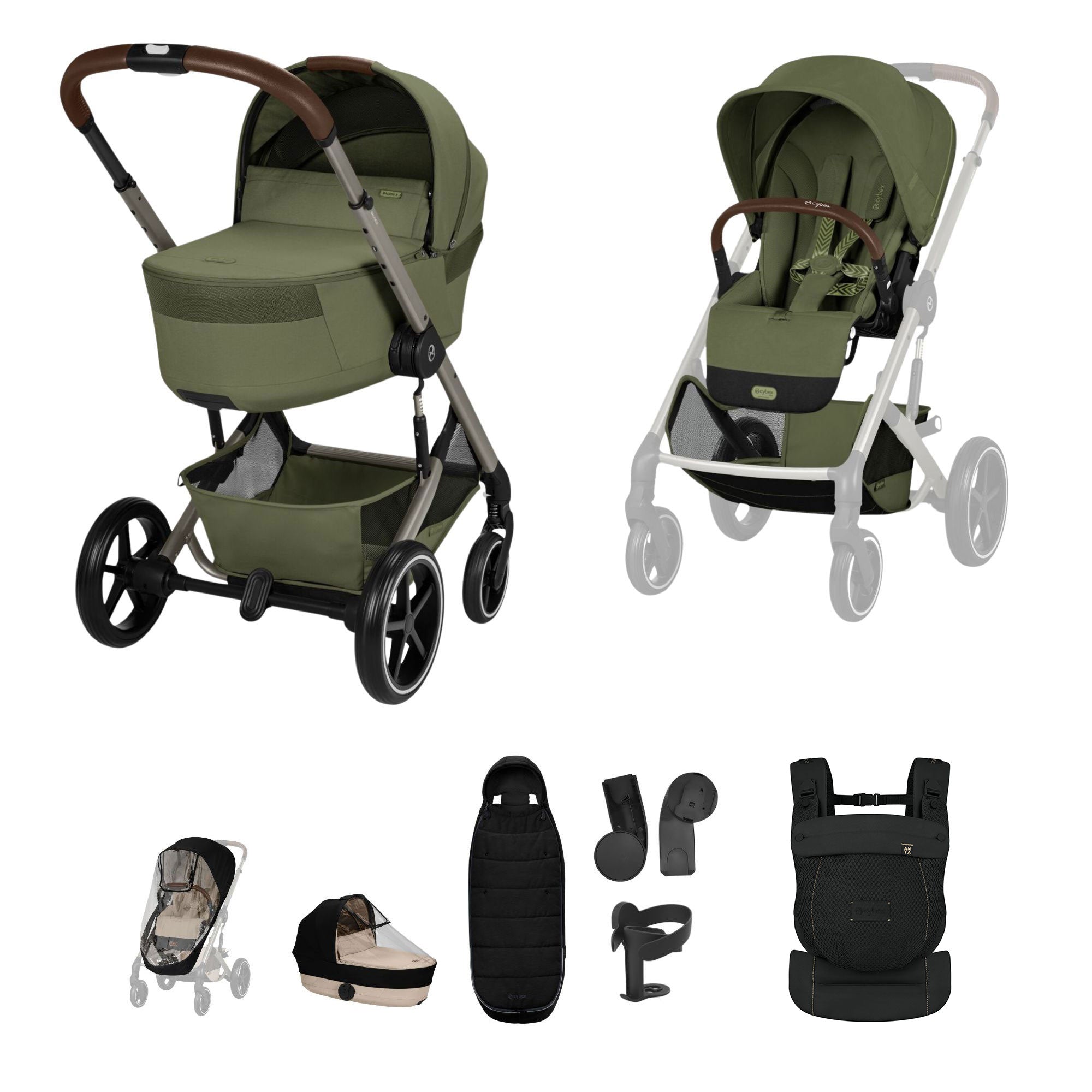 Cybex Balios S Lux Foldable Carrycot Accessory Bundle in Moss Green