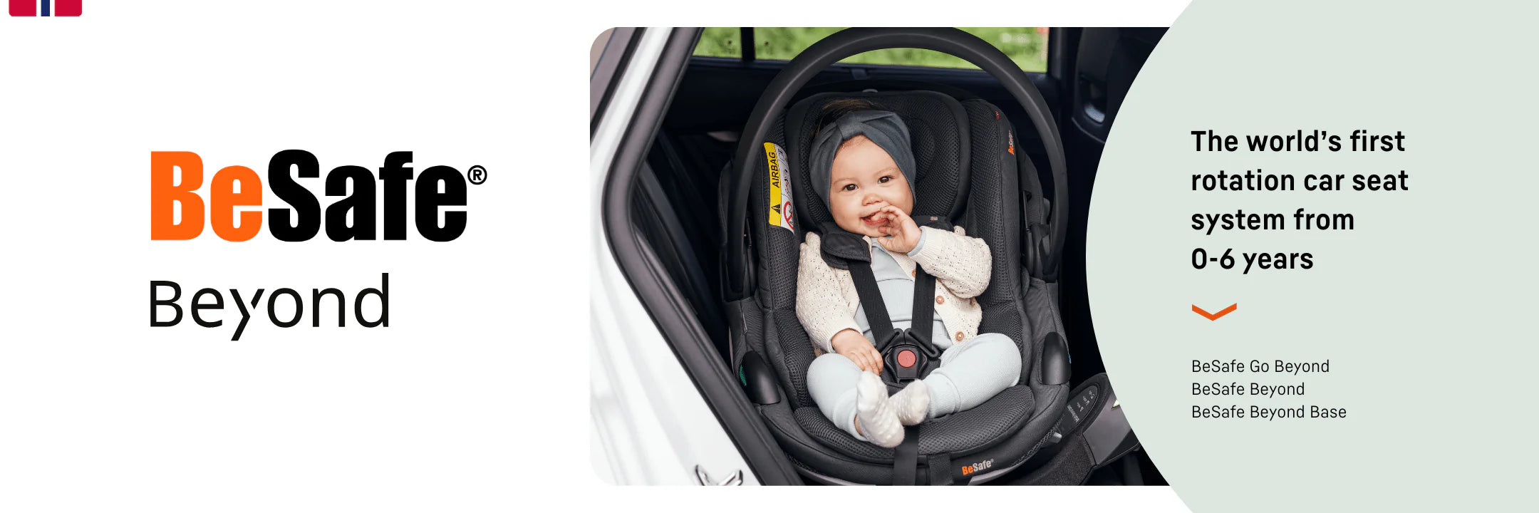 BeSafe Beyond car seat with a baby inside, featuring the brand's logo and product description.