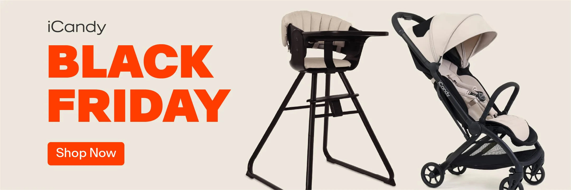 iCandy high chair and stroller with Black Friday text and 'Shop Now' button on a white background