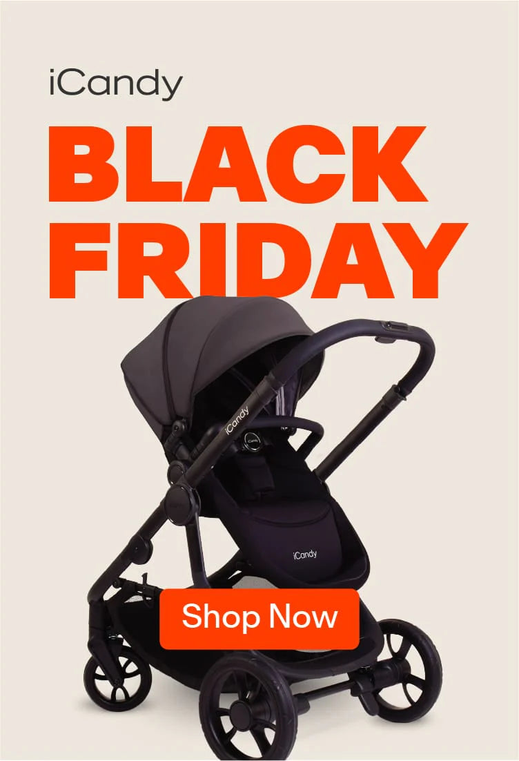 Black baby stroller with 'iCandy' branding and 'Black Friday' text on a beige background.