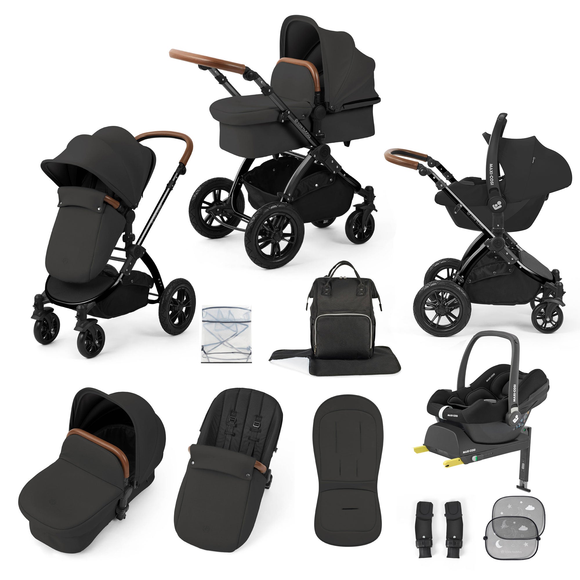 Ickle Bubba Stomp Luxe 12 Piece Travel System with Maxi-Cosi Cabriofix i-Size Car Seat & Isofix Base in Charcoal Grey