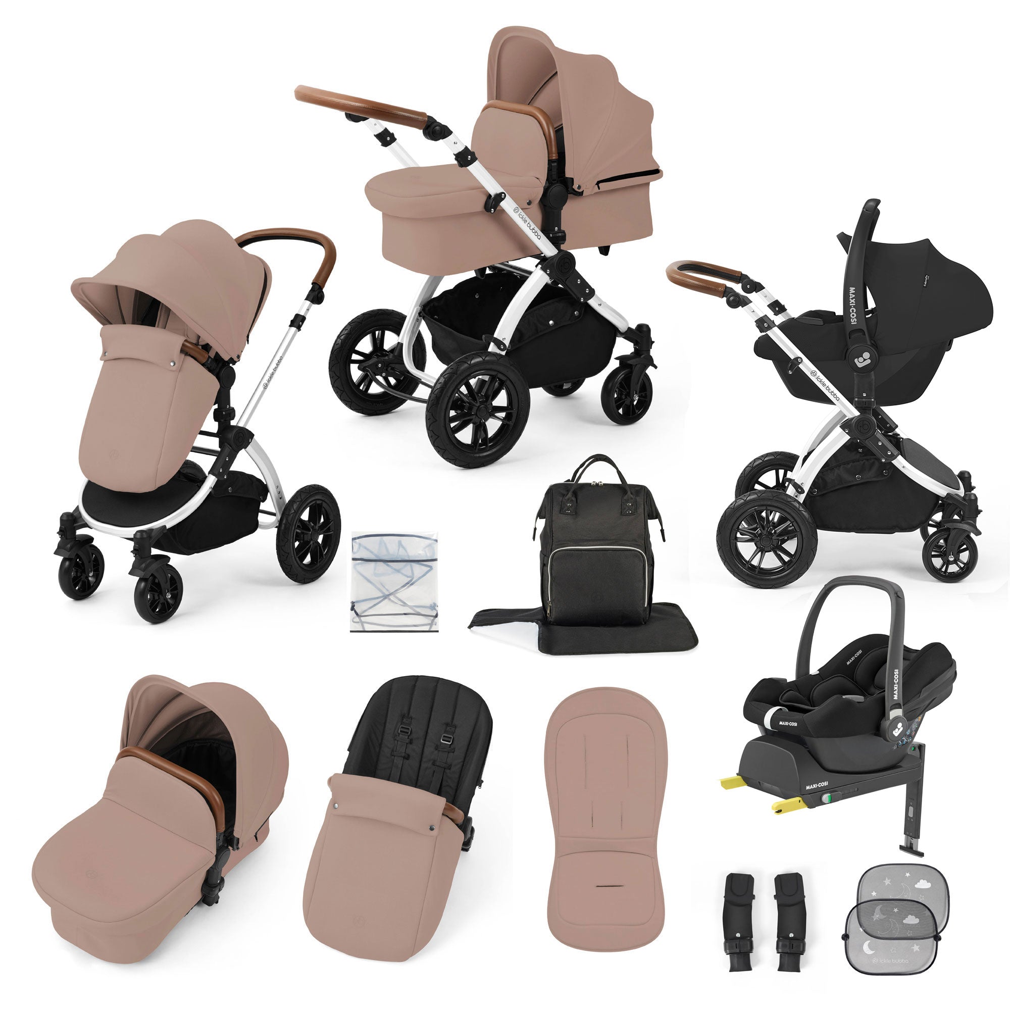 Ickle Bubba Stomp Luxe 12 Piece Travel System with Maxi-Cosi Cabriofix i-Size Car Seat & Isofix Base in Desert