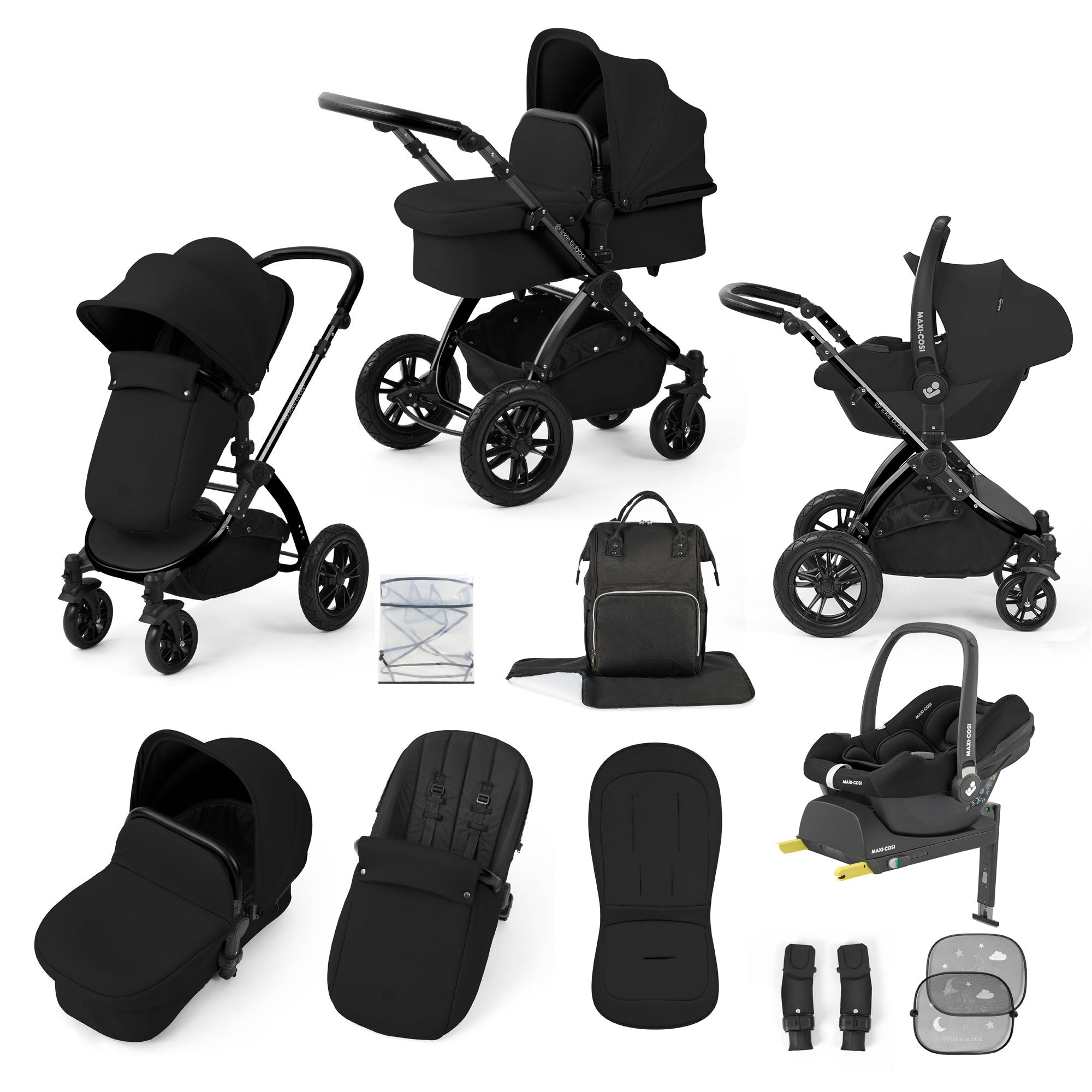 Ickle Bubba Stomp Luxe 12 Piece Travel System with Maxi-Cosi Cabriofix i-Size Car Seat & Isofix Base in Midnight