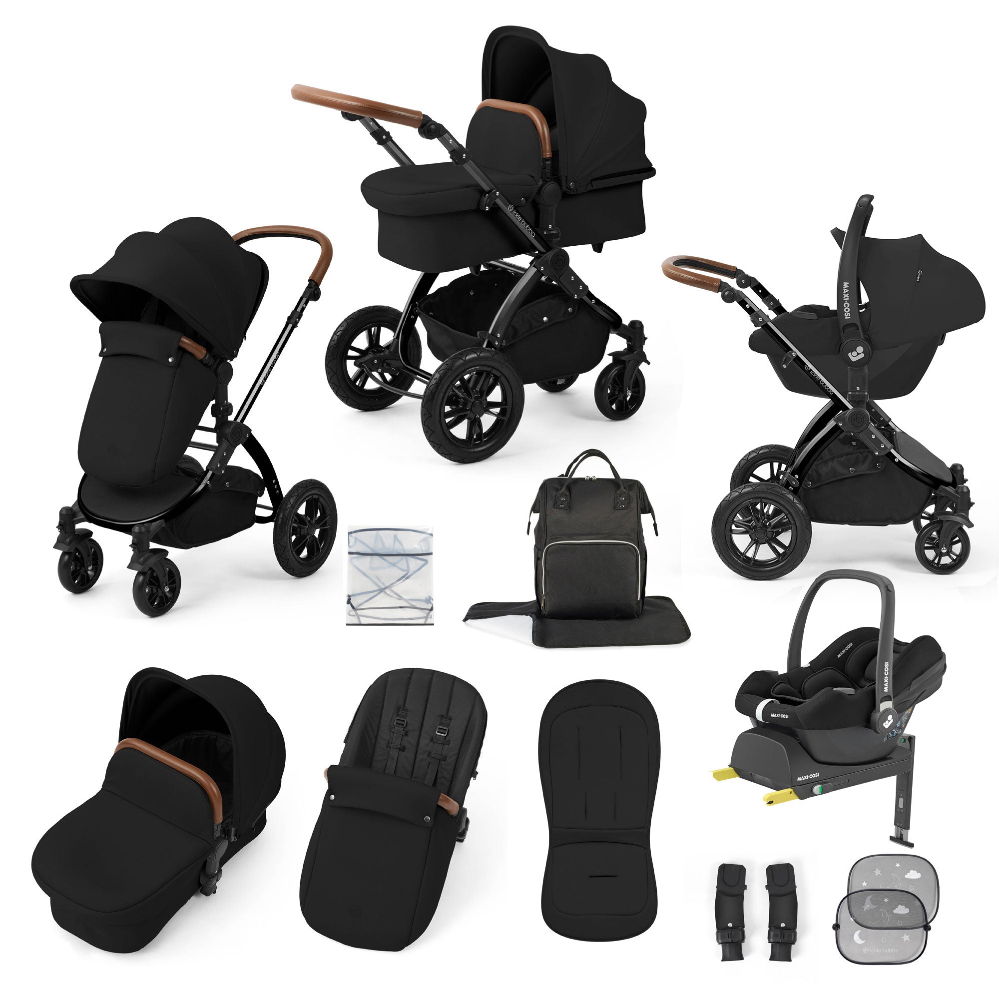 Ickle Bubba Stomp Luxe 12 Piece Travel System with Maxi-Cosi Cabriofix i-Size Car Seat & Isofix Base in Midnight