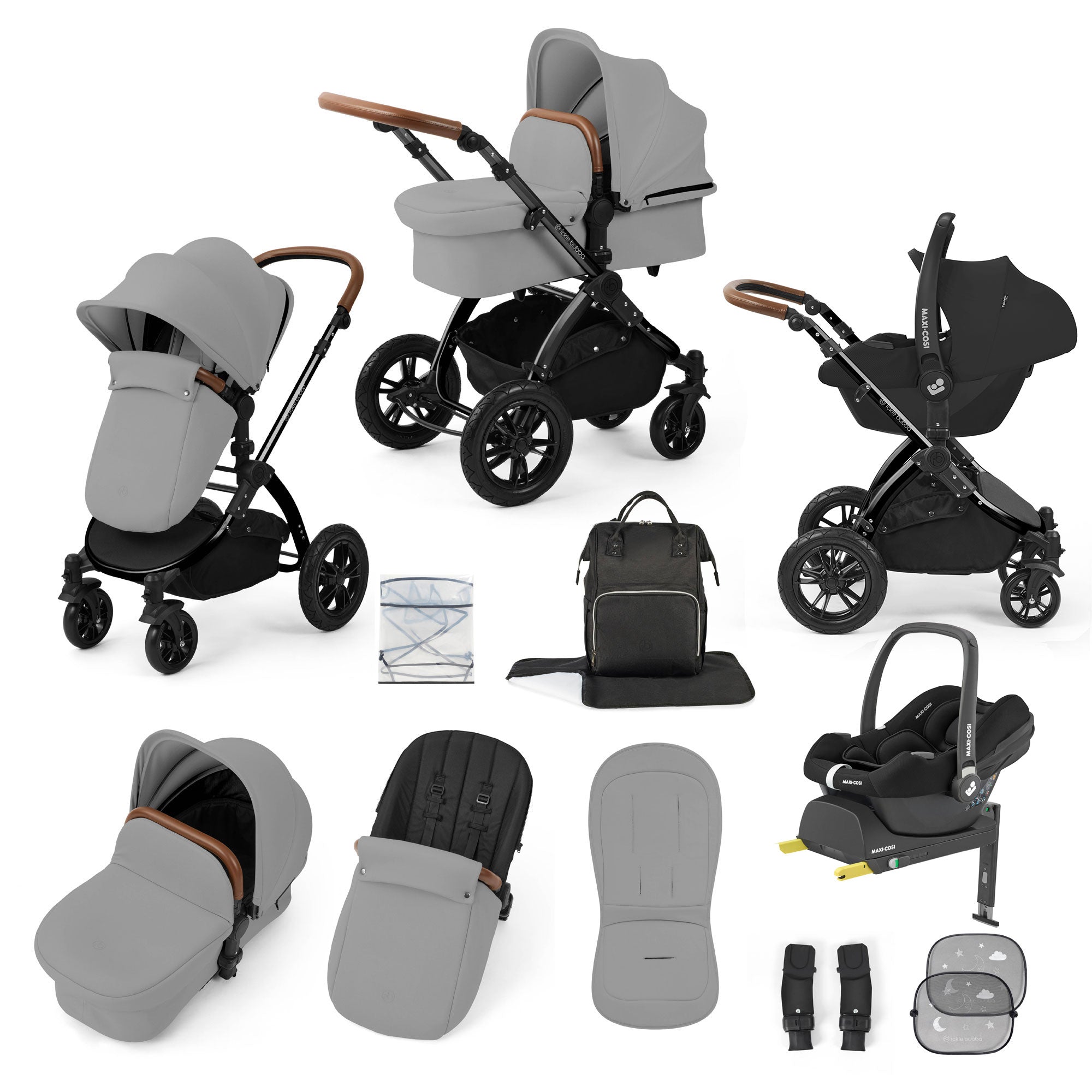 Ickle Bubba Stomp Luxe 12 Piece Travel System with Maxi-Cosi Cabriofix i-Size Car Seat & Isofix Base in Pearl Grey