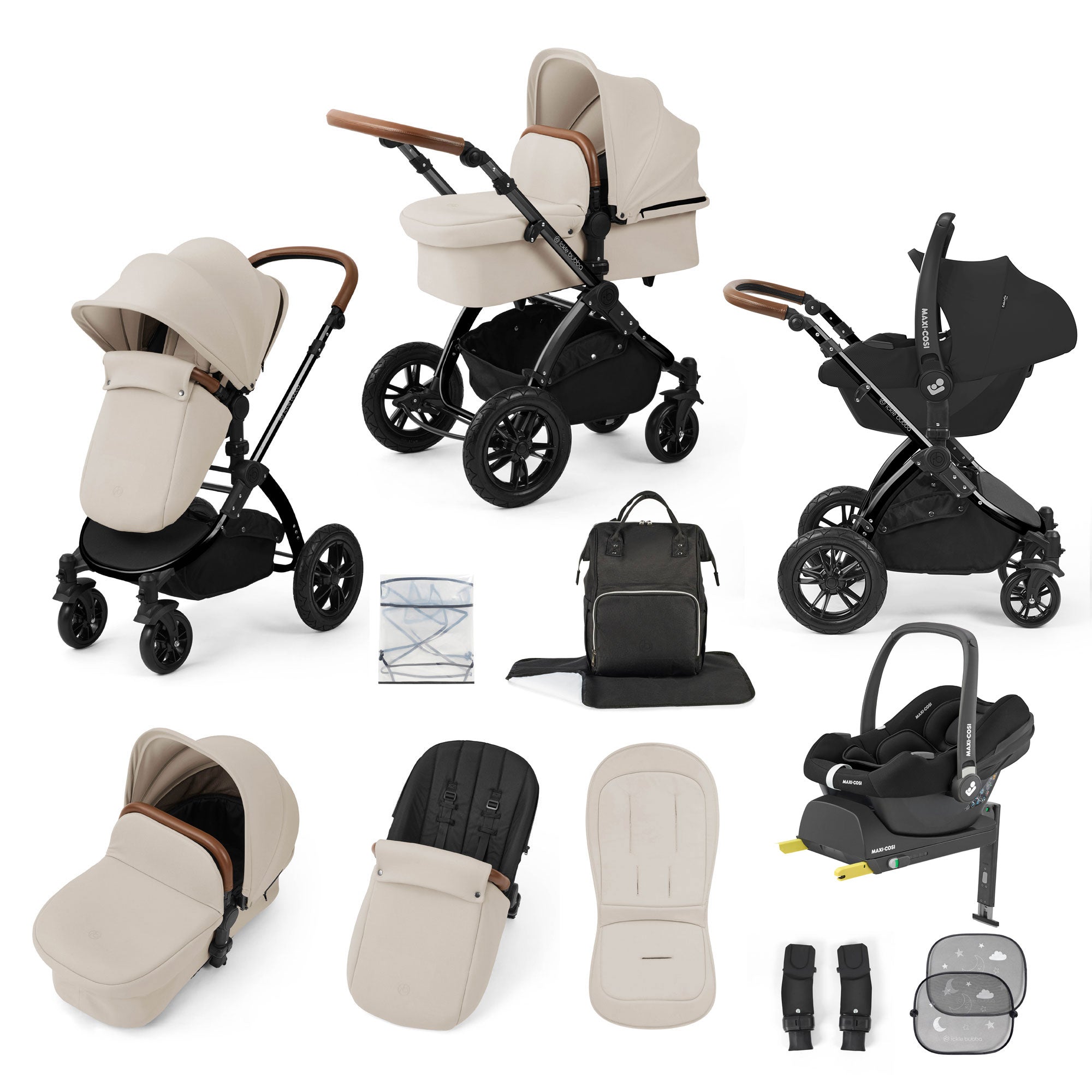 Ickle Bubba Stomp Luxe 12 Piece Travel System with Maxi-Cosi Cabriofix i-Size Car Seat & Isofix Base in Stone