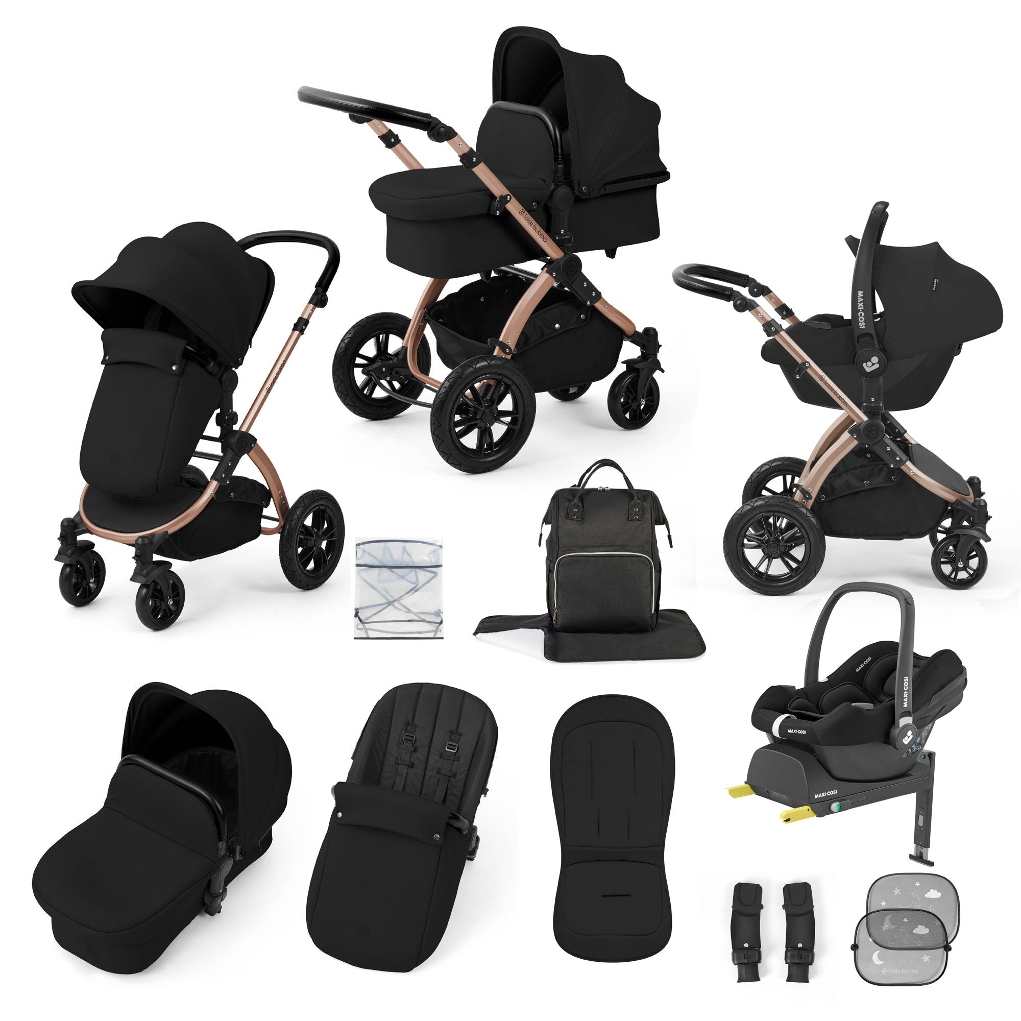 Ickle Bubba Stomp Luxe 12 Piece Travel System with Maxi-Cosi Cabriofix i-Size Car Seat & Isofix Base in Midnight