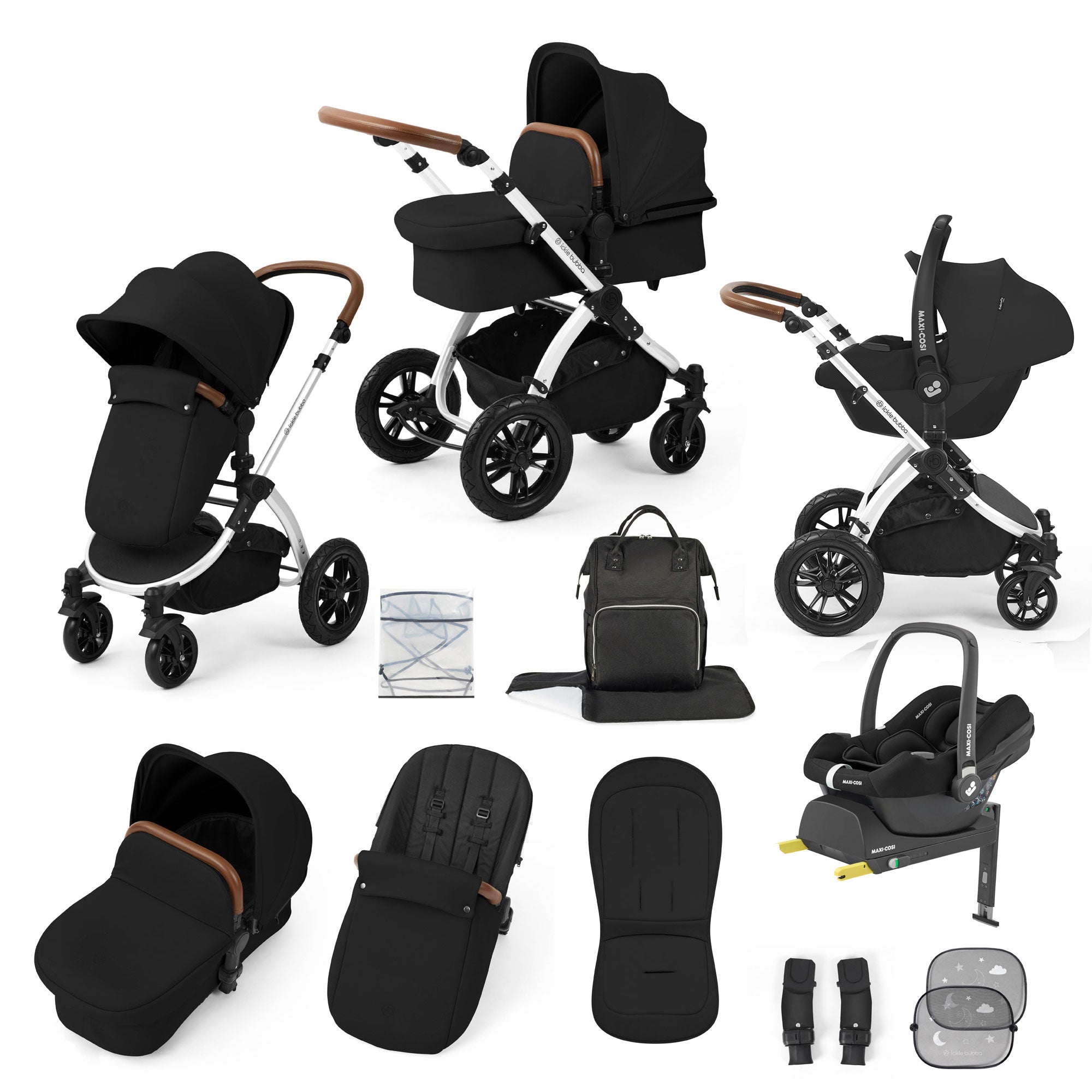 Ickle Bubba Stomp Luxe 12 Piece Travel System with Maxi-Cosi Cabriofix i-Size Car Seat & Isofix Base in Midnight