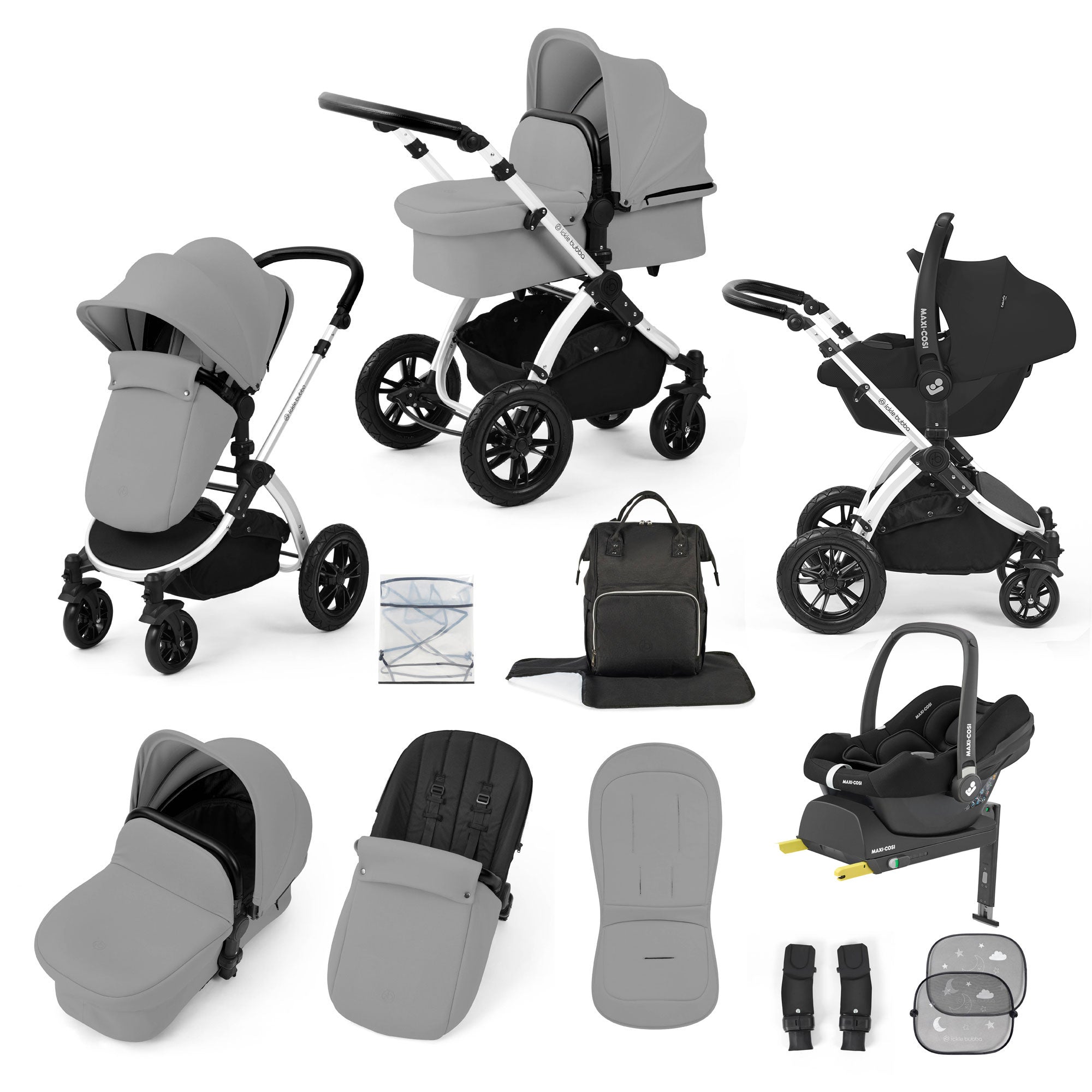 Ickle Bubba Stomp Luxe 12 Piece Travel System with Maxi-Cosi Cabriofix i-Size Car Seat & Isofix Base in Pearl Grey