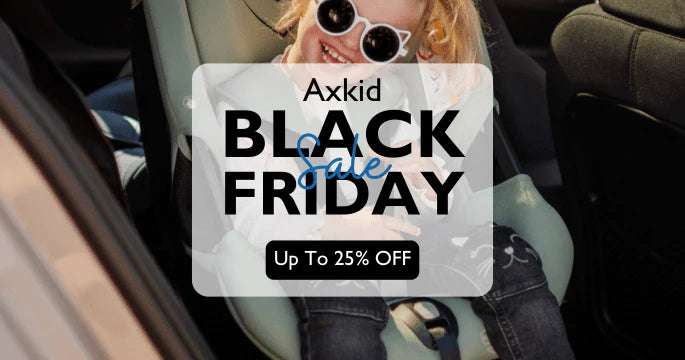 Child in a car seat with an Axkid Black Friday sale banner overlay