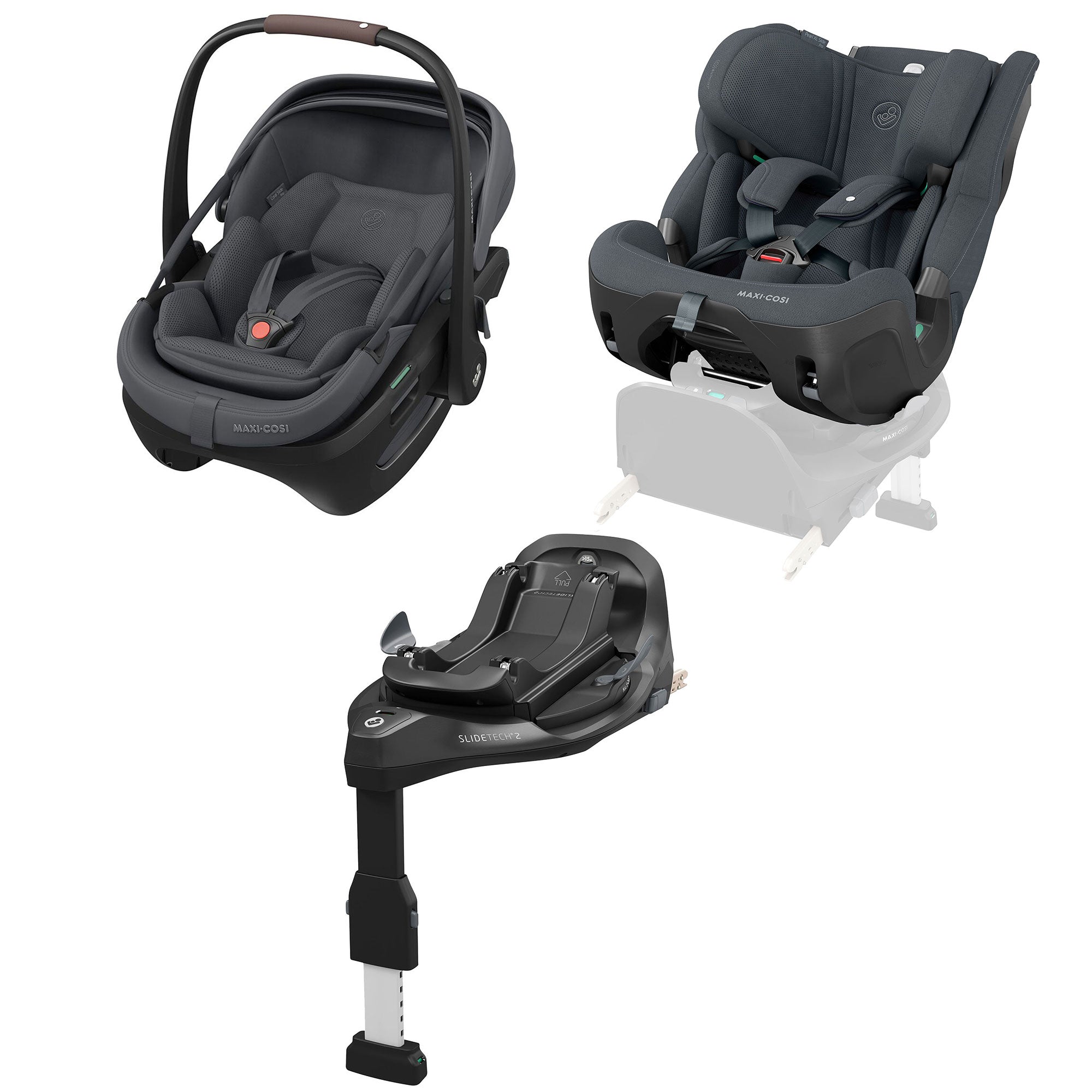 Maxi-Cosi Coral Slide Pro, Pearl XL Slide Pro & Base Bundle in Moon Graphite