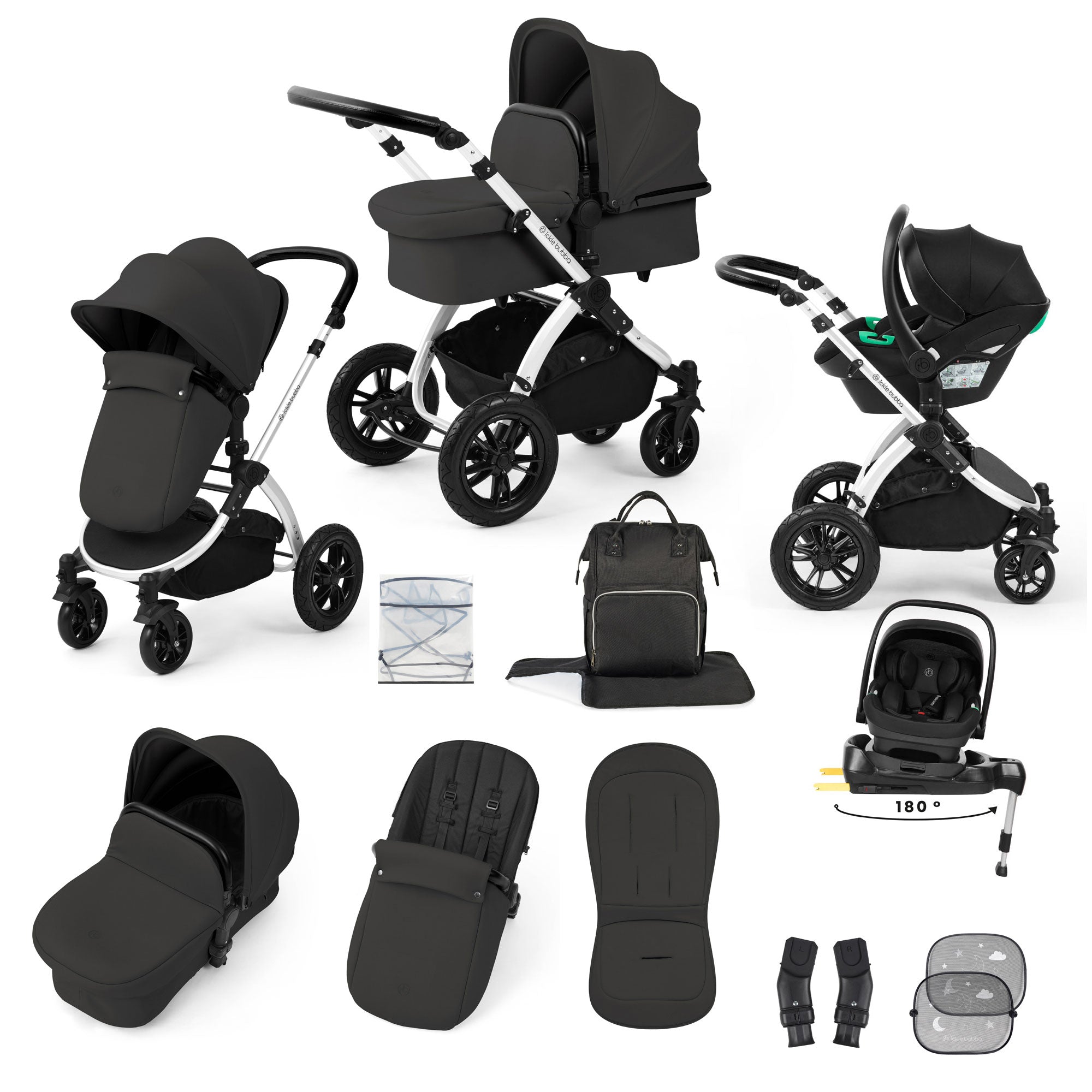 Ickle Bubba Stomp Luxe 12 Piece Travel System with i-Size Nimbus Car Seat & Spin Isofix Base in Charcoal Grey