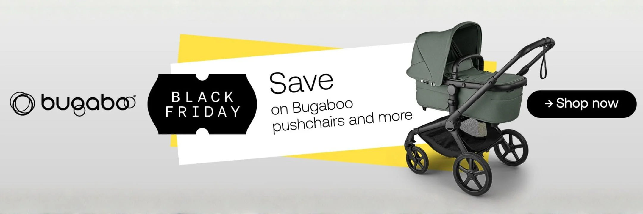 Bugaboo pushchair with Black Friday promotional text on a white background