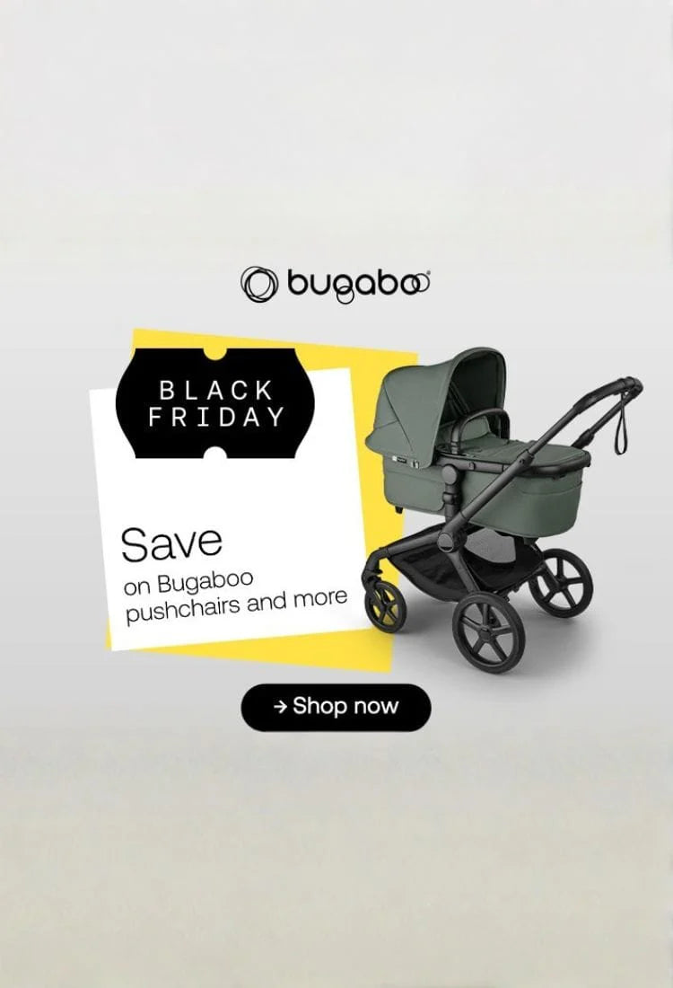 Bugaboo pushchair with Black Friday promotional text on a light gray background
