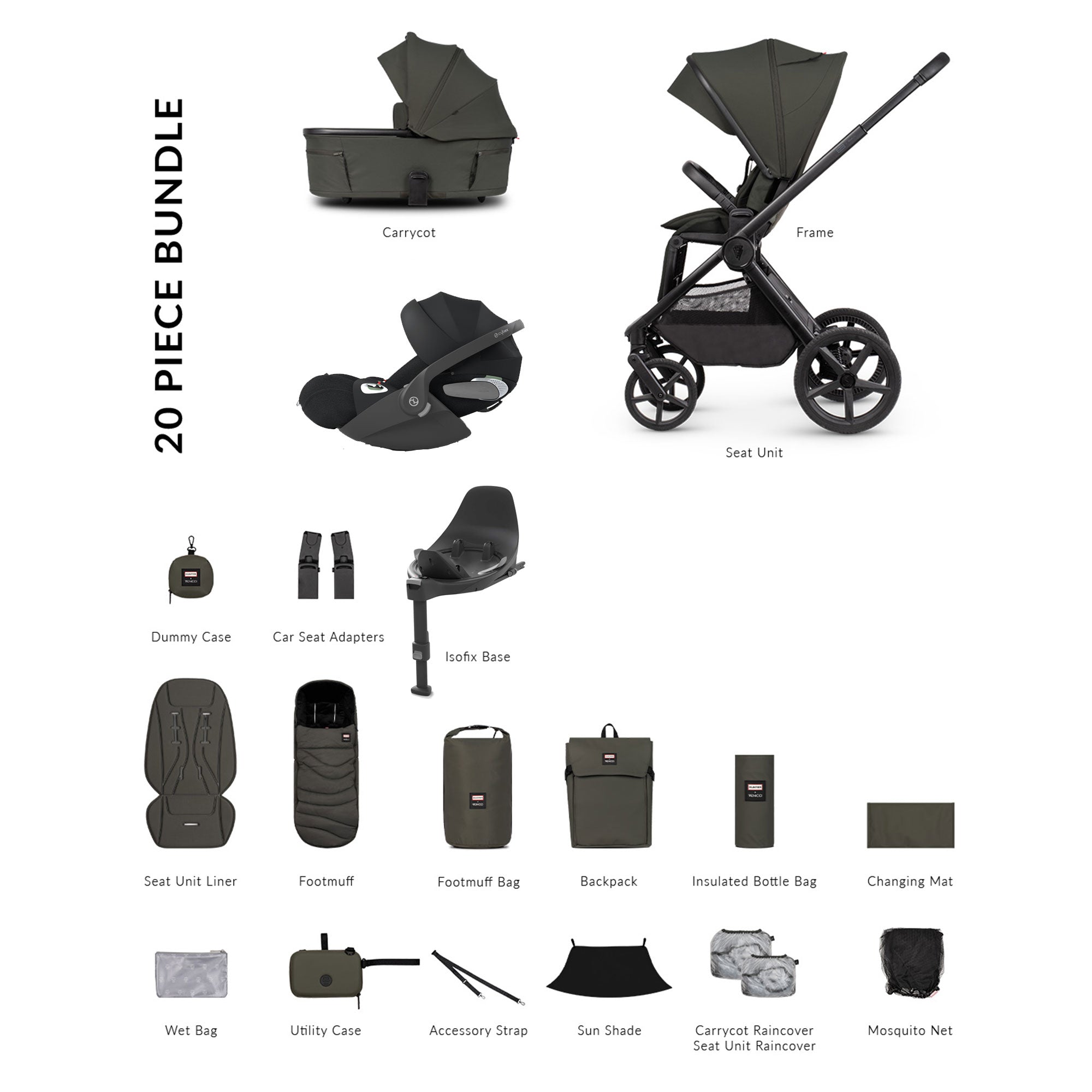 Venicci Tinum Upline 3 Hunter Luxury Cybex Travel System in Dark Olive